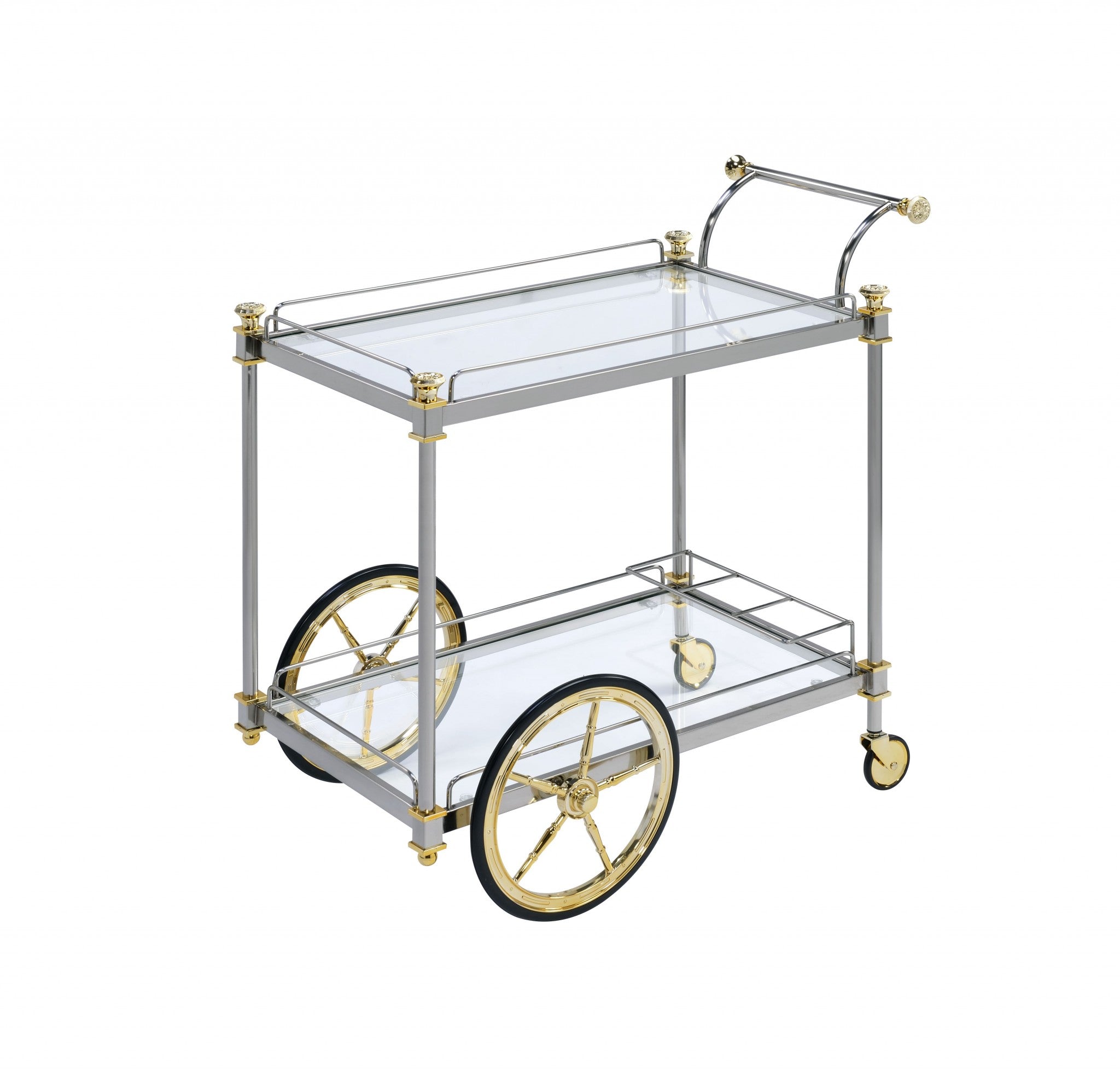 Black and Gold Iron And Glass Rolling Bar Cart With Wine Storage