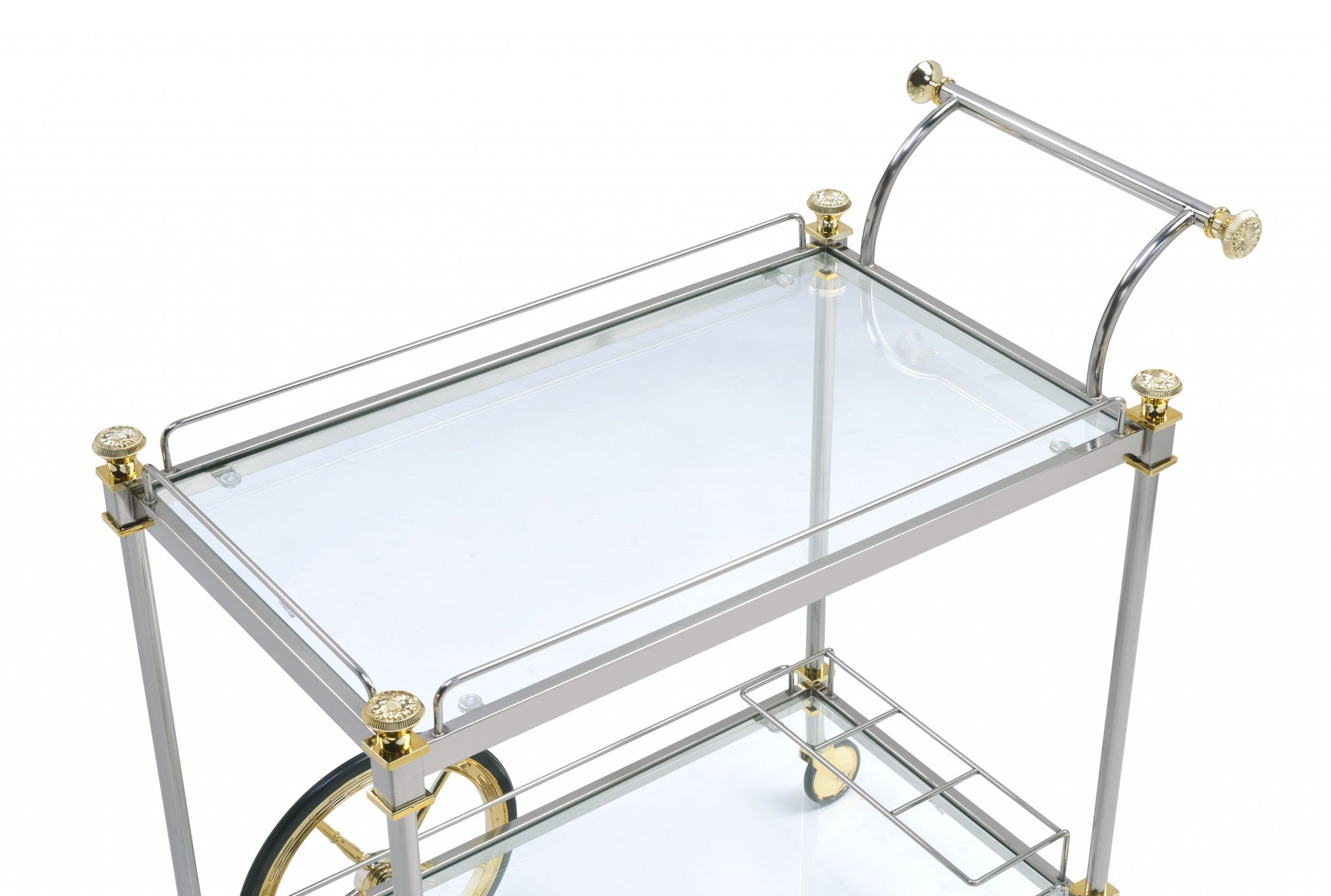 Black and Gold Iron And Glass Rolling Bar Cart With Wine Storage