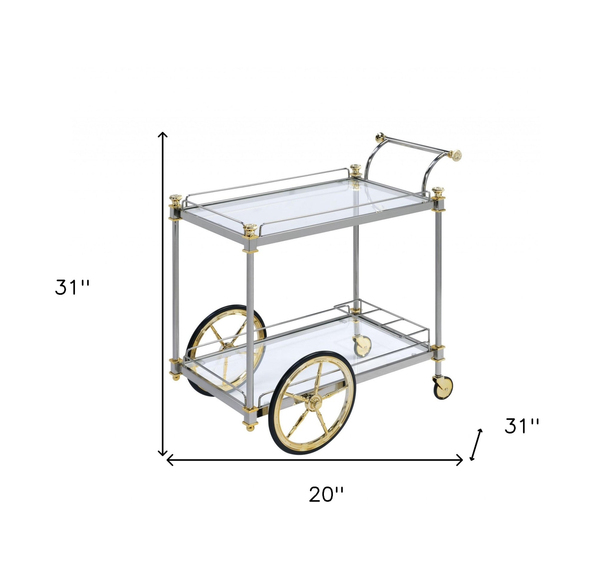 Black and Gold Iron And Glass Rolling Bar Cart With Wine Storage