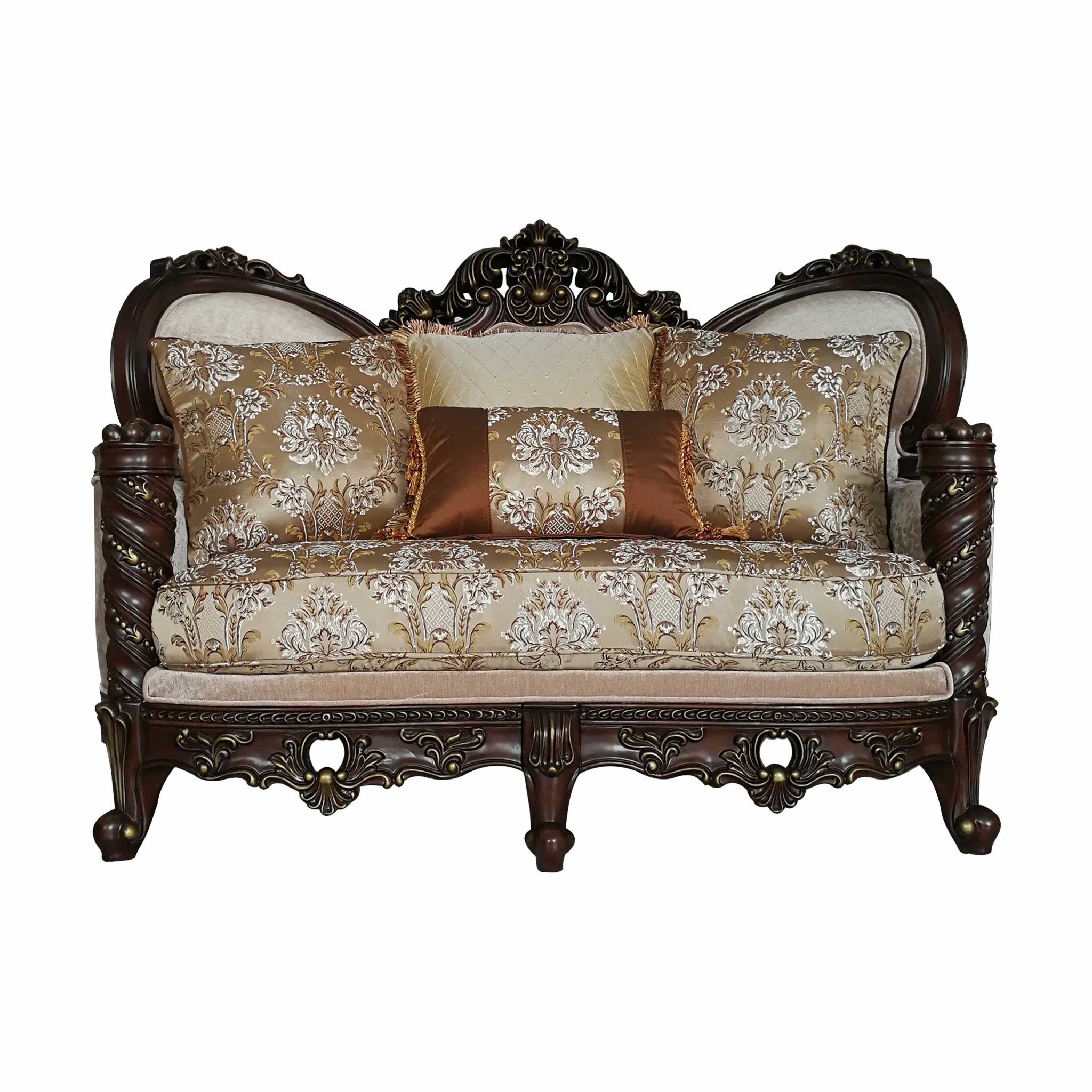 38" Cream And Brown Damask Chesterfield Love Seat and Toss Pillows