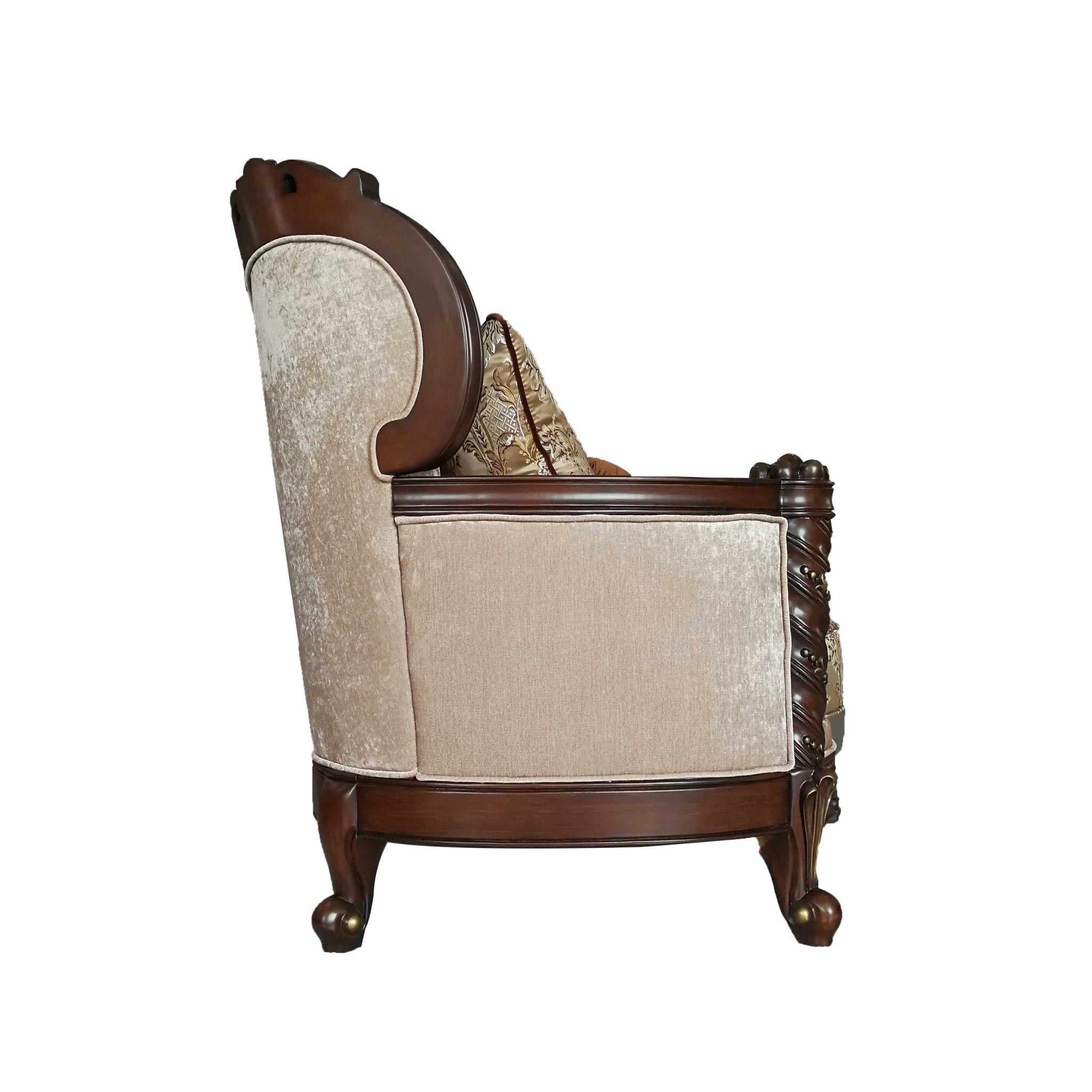 38" Cream And Brown Damask Chesterfield Love Seat and Toss Pillows