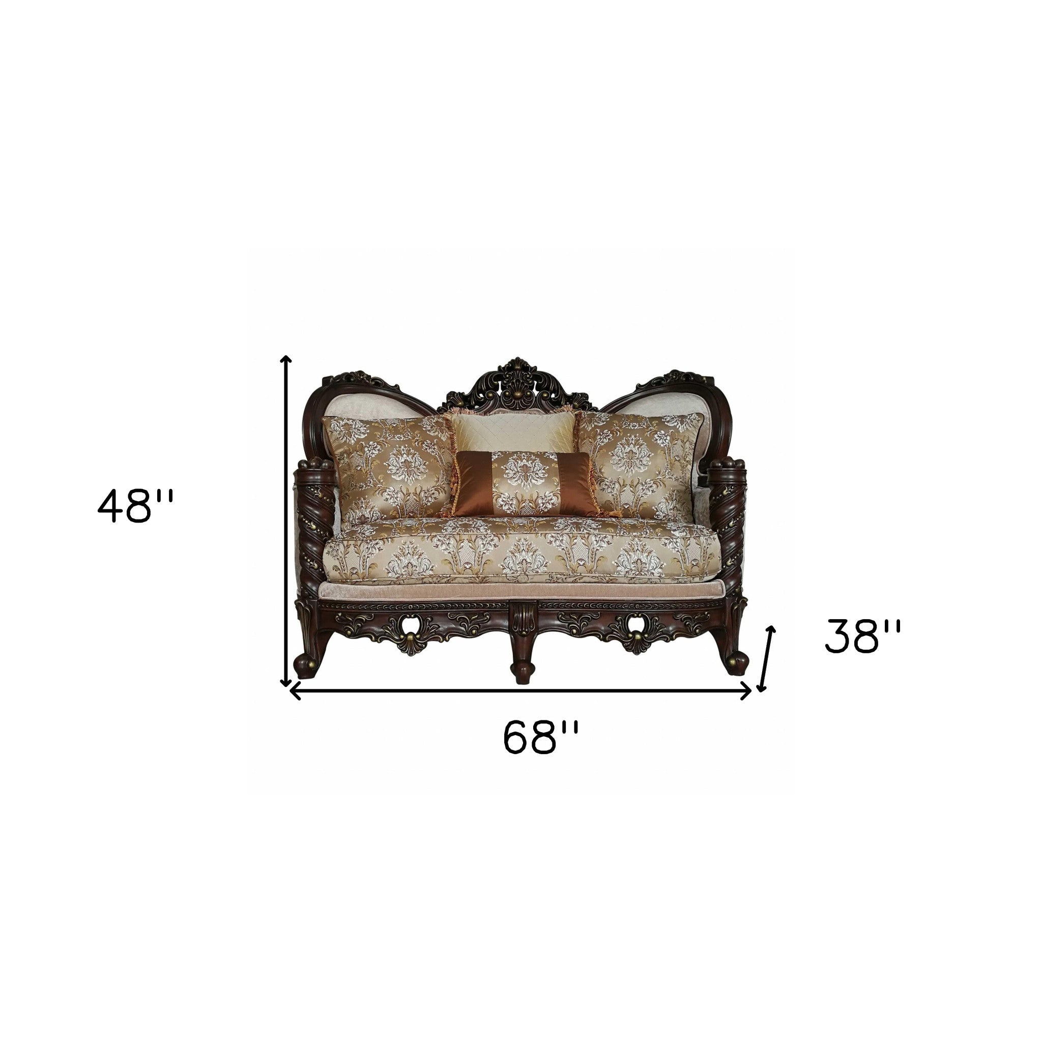 38" Cream And Brown Damask Chesterfield Love Seat and Toss Pillows