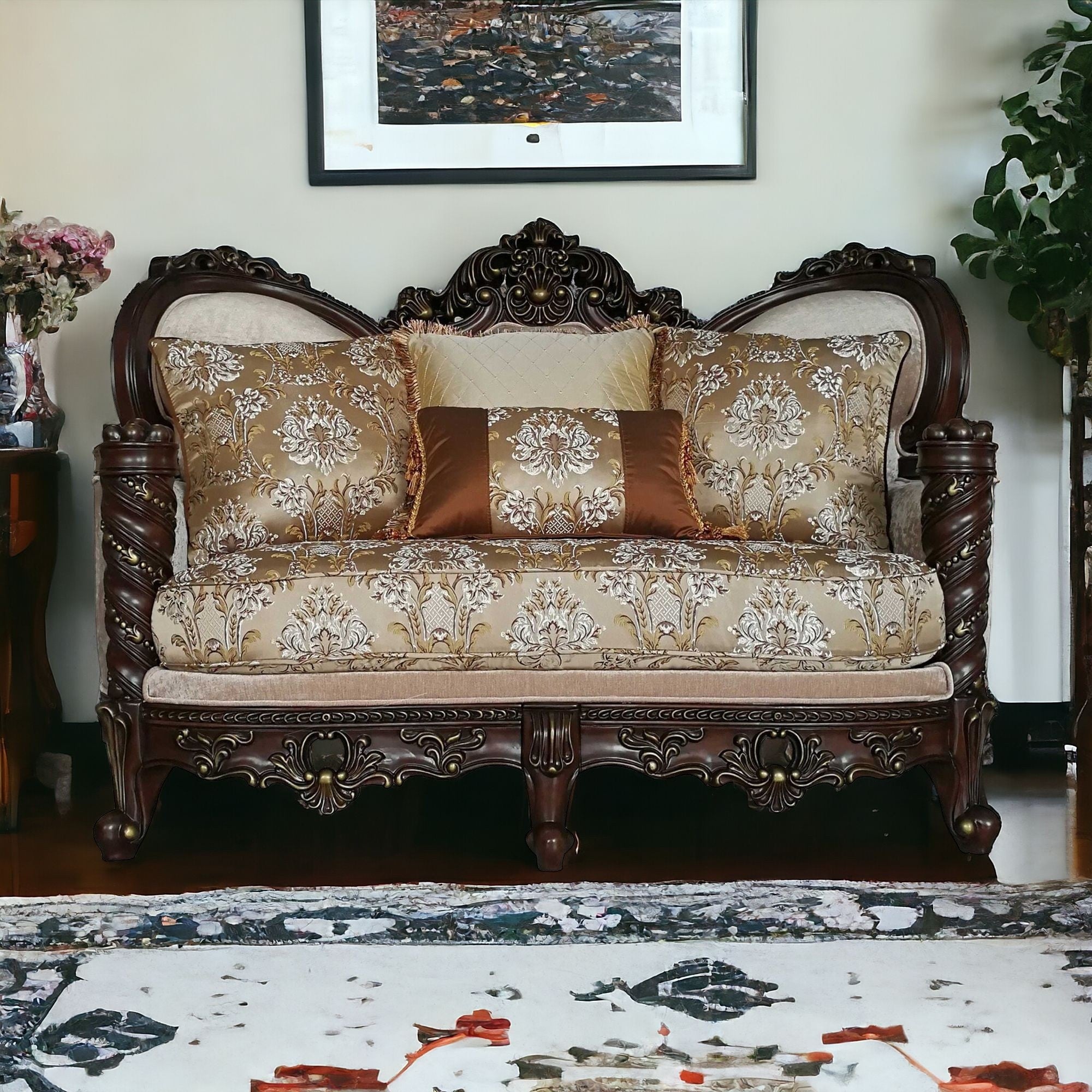 38" Cream And Brown Damask Chesterfield Love Seat and Toss Pillows