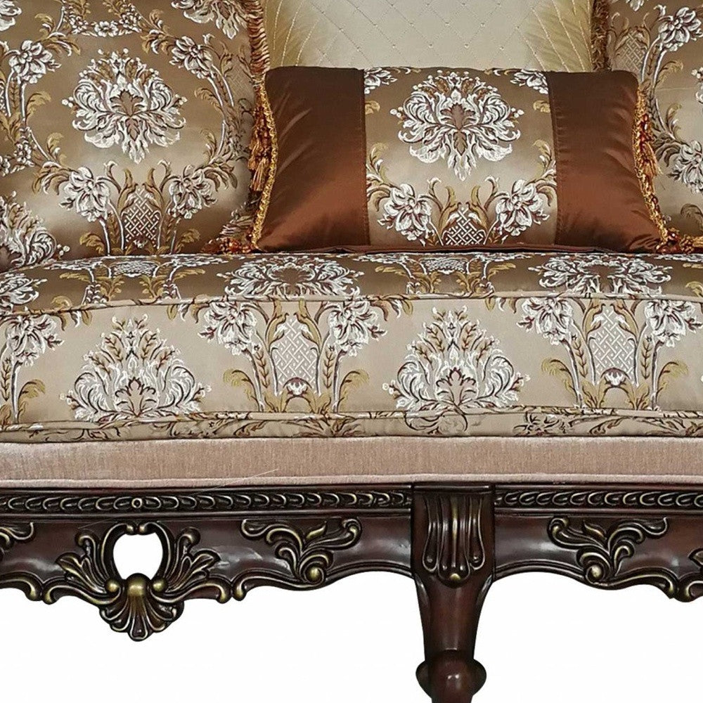 38" Cream And Brown Damask Chesterfield Love Seat and Toss Pillows