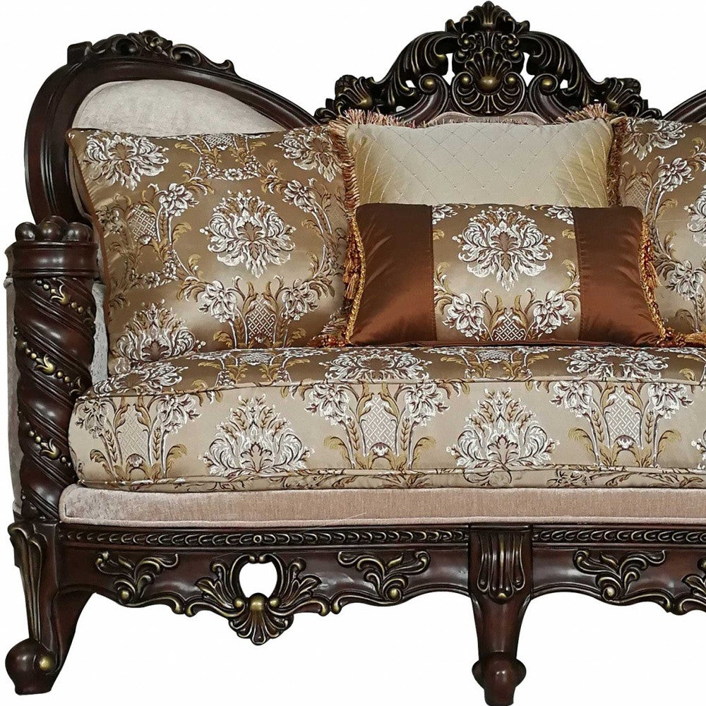 38" Cream And Brown Damask Chesterfield Love Seat and Toss Pillows