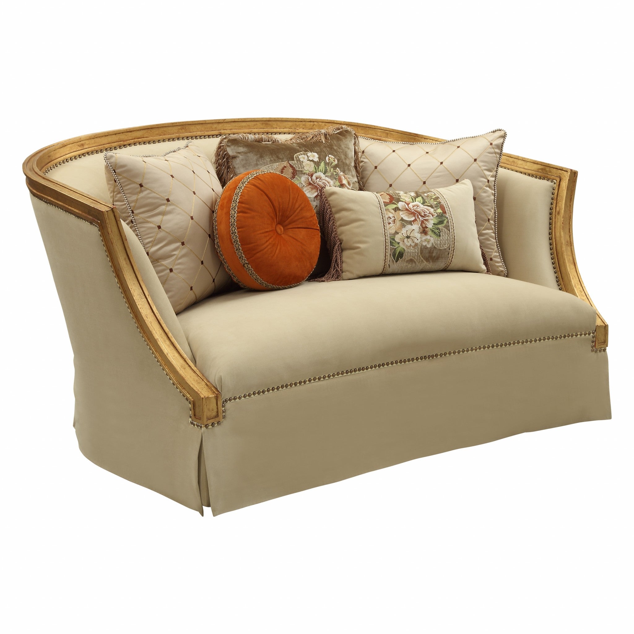 41" Tan And Gold Polyester Blend Curved Love Seat and Toss Pillows