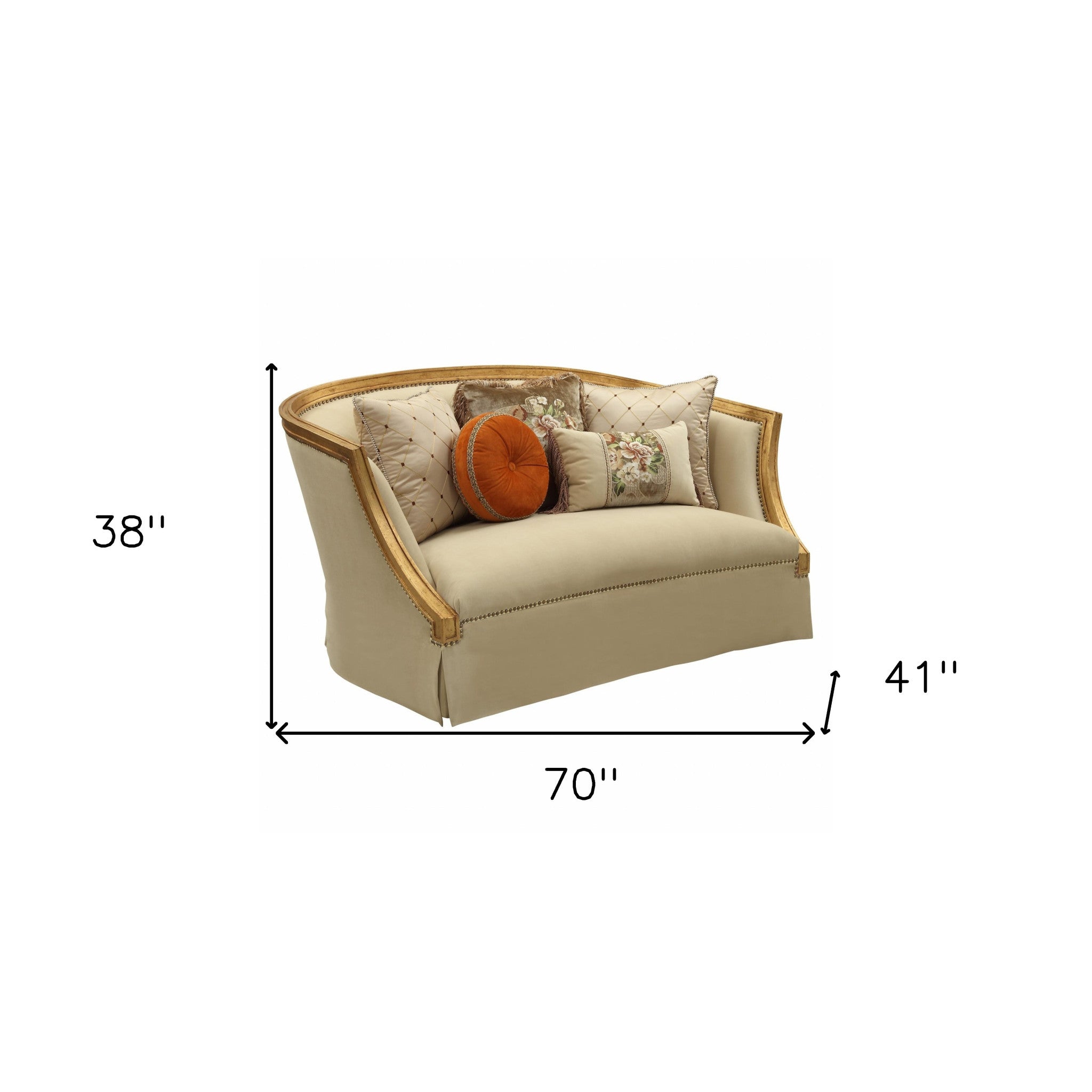 41" Tan And Gold Polyester Blend Curved Love Seat and Toss Pillows