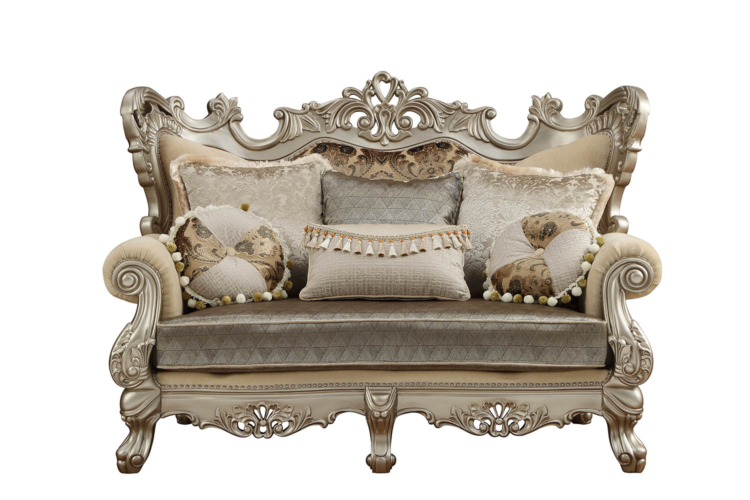 72" Cream And Platinum Polyester Blend Chesterfield Damask Love Seat and Toss Pillows