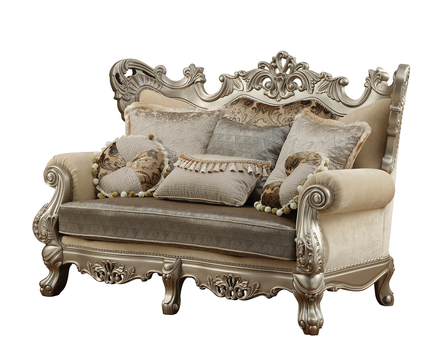 72" Cream And Platinum Polyester Blend Chesterfield Damask Love Seat and Toss Pillows