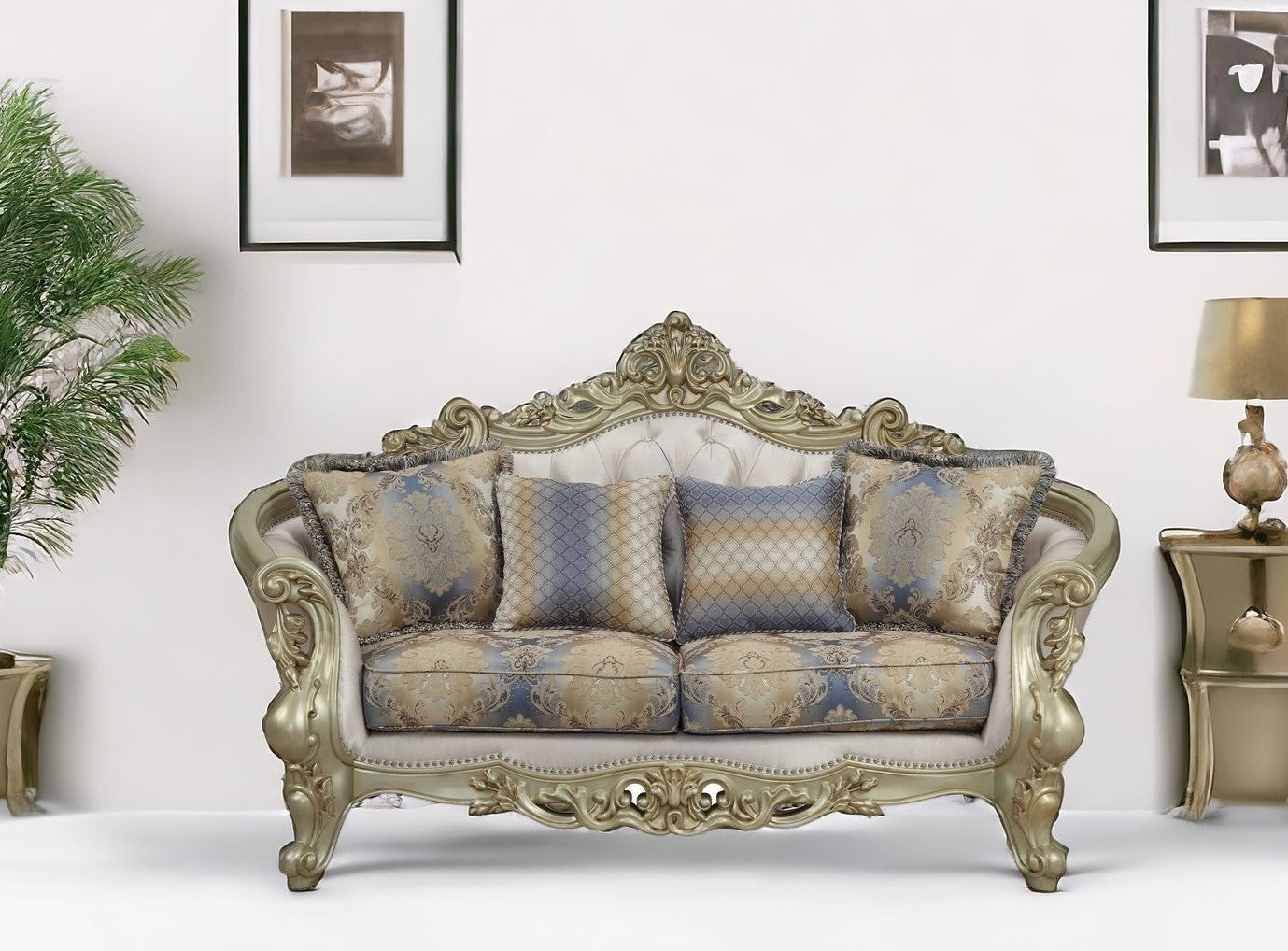 78" Gold Polyester Blend Floral Love Seat and Toss Pillows