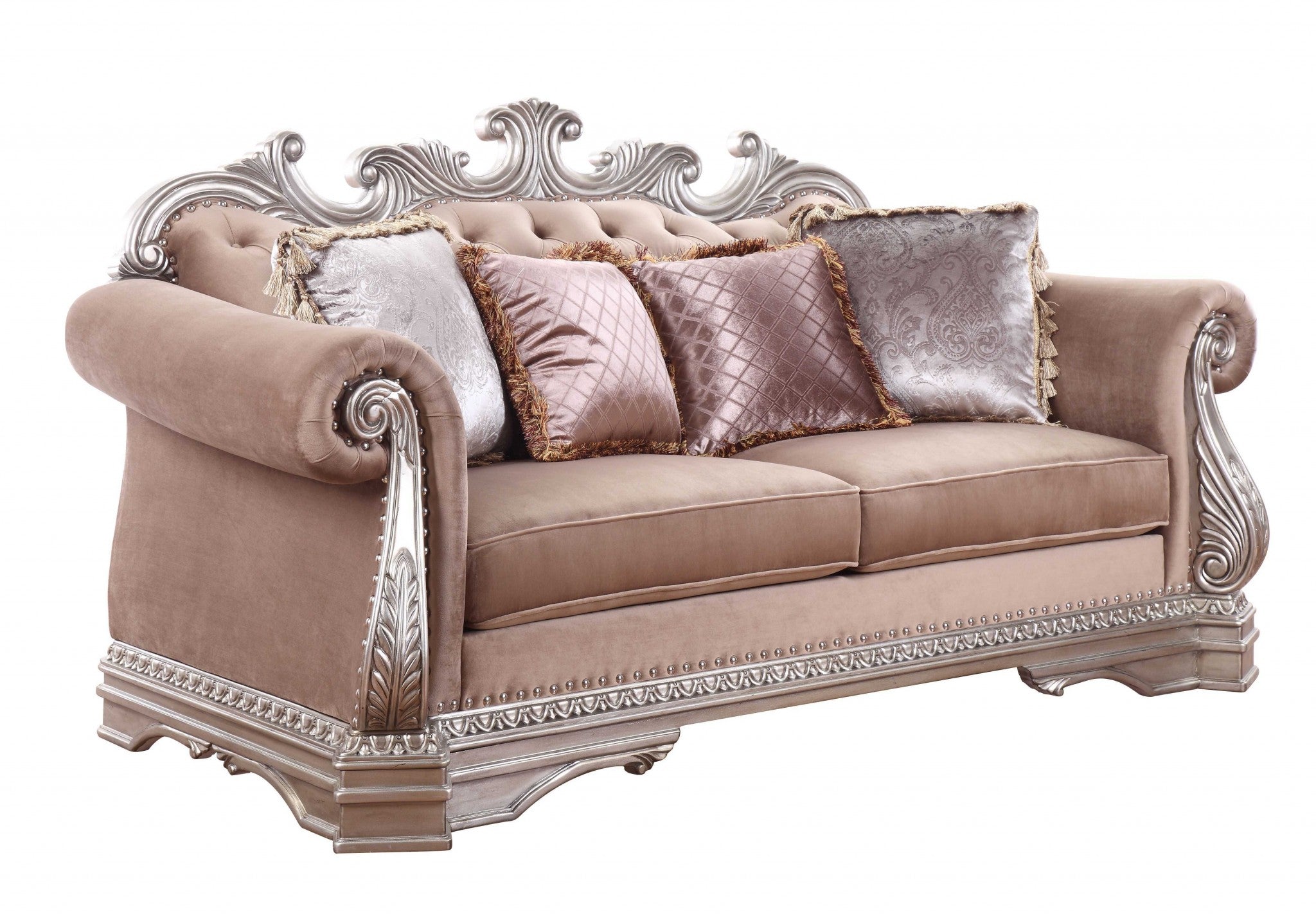 42" Champagne Velour Love Seat and Toss Pillows