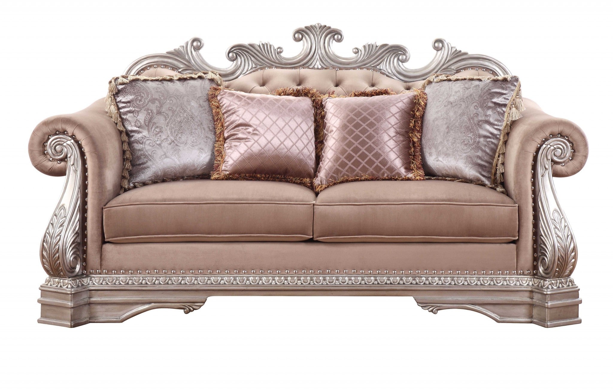 42" Champagne Velour Love Seat and Toss Pillows