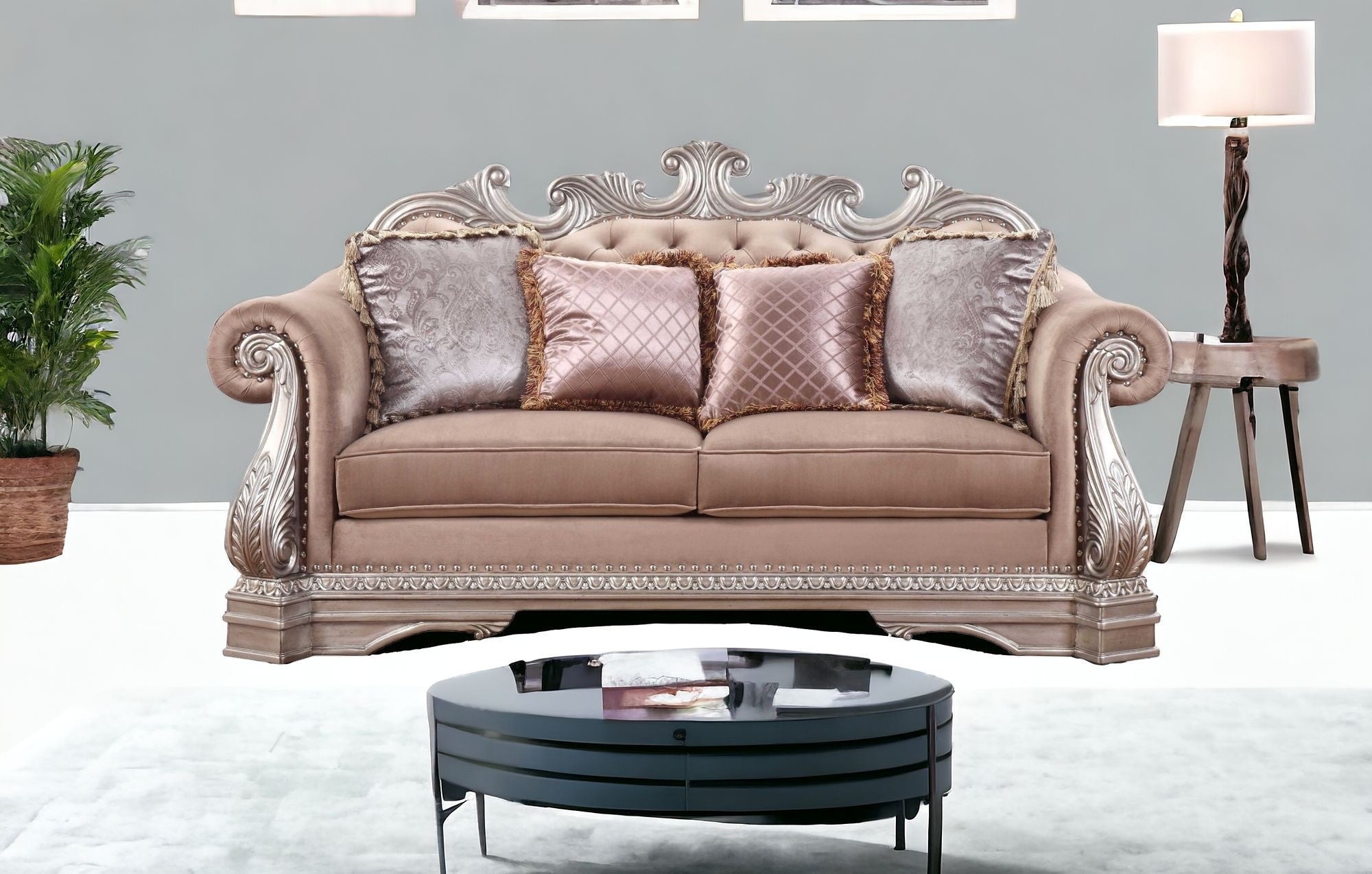 42" Champagne Velour Love Seat and Toss Pillows