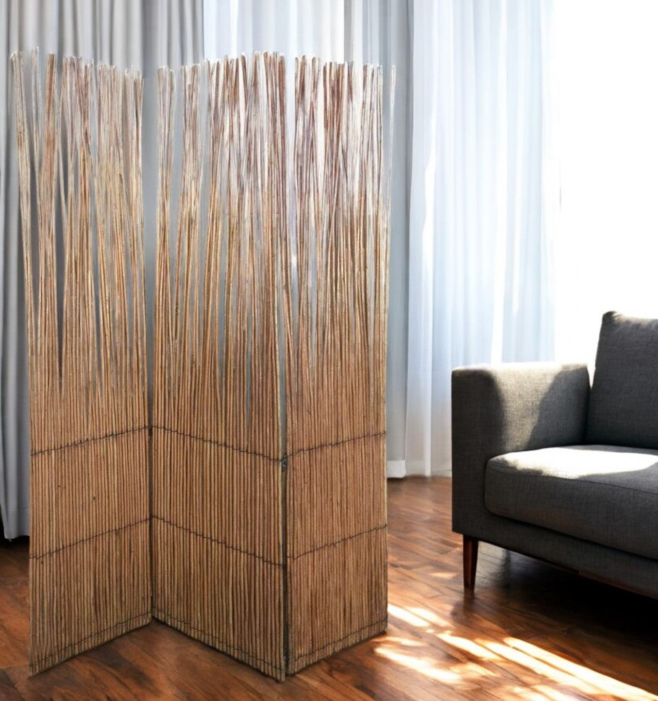 69" Brown Wood and Metal Folding Three Panel Screen Room Divider