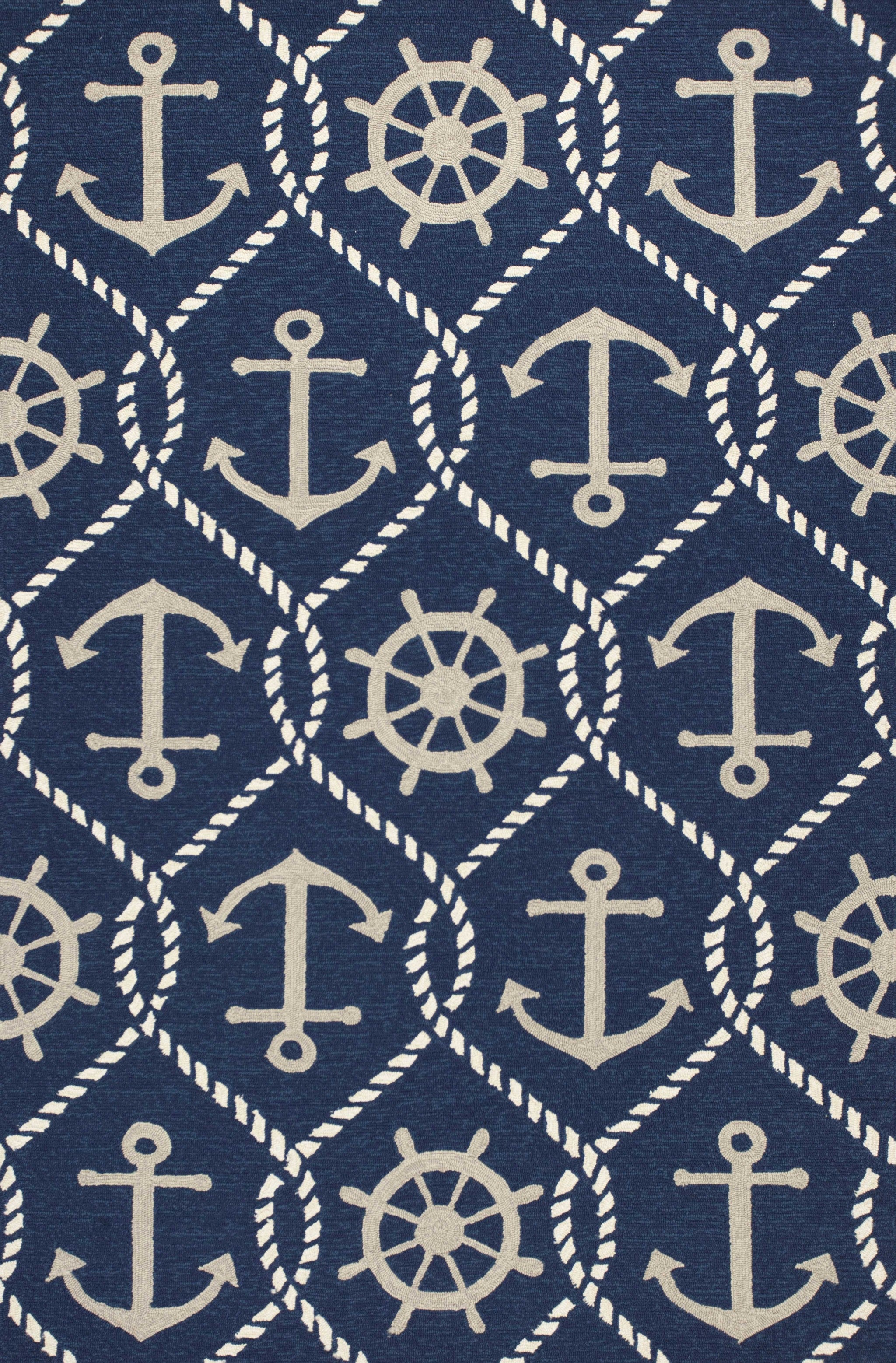 5'X8' Navy Blue Hand Hooked Uv Treated Nautical Indoor Outdoor Area Rug