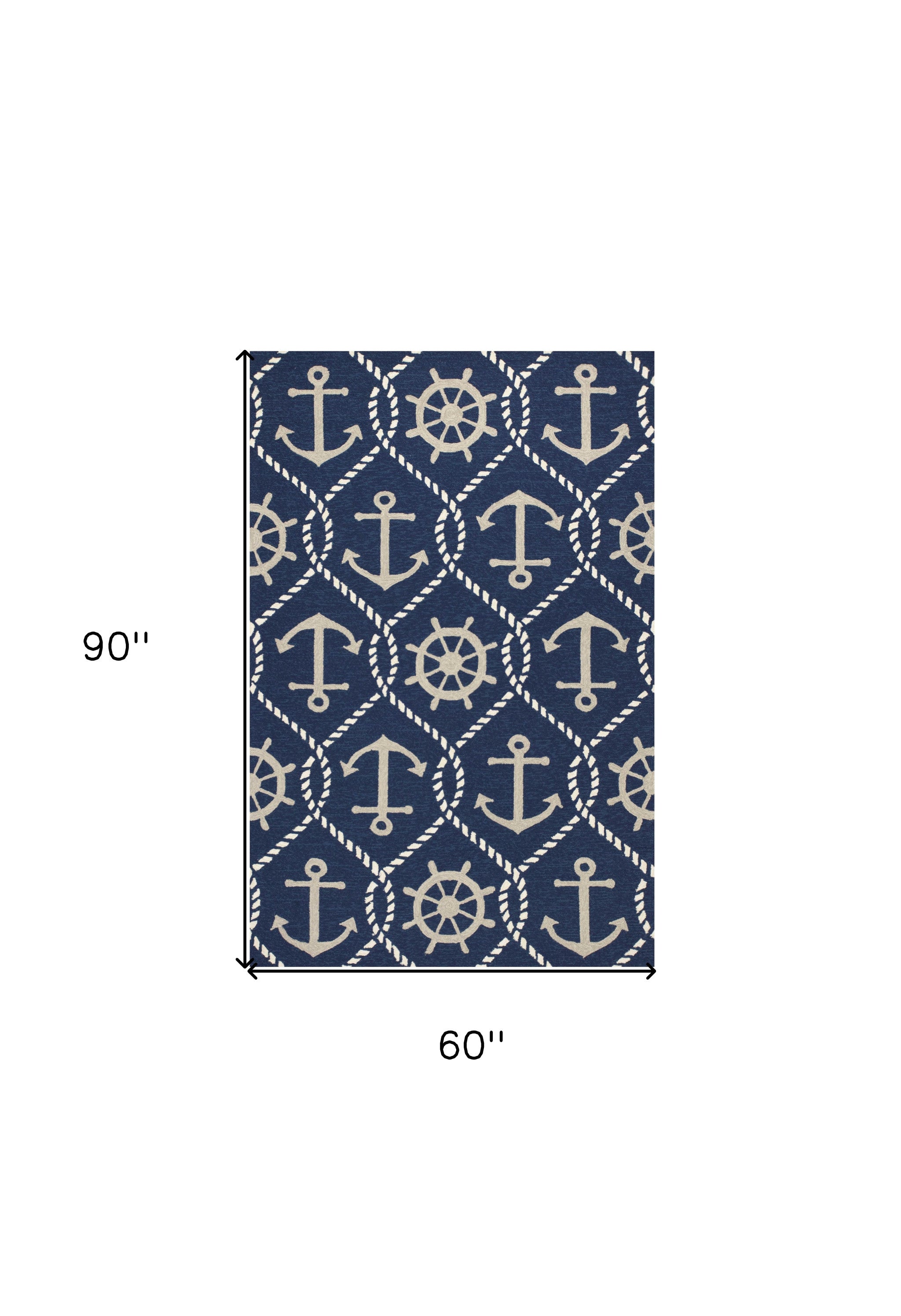 5'X8' Navy Blue Hand Hooked Uv Treated Nautical Indoor Outdoor Area Rug