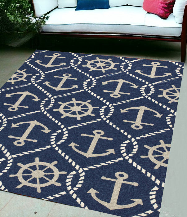 5'X8' Navy Blue Hand Hooked Uv Treated Nautical Indoor Outdoor Area Rug