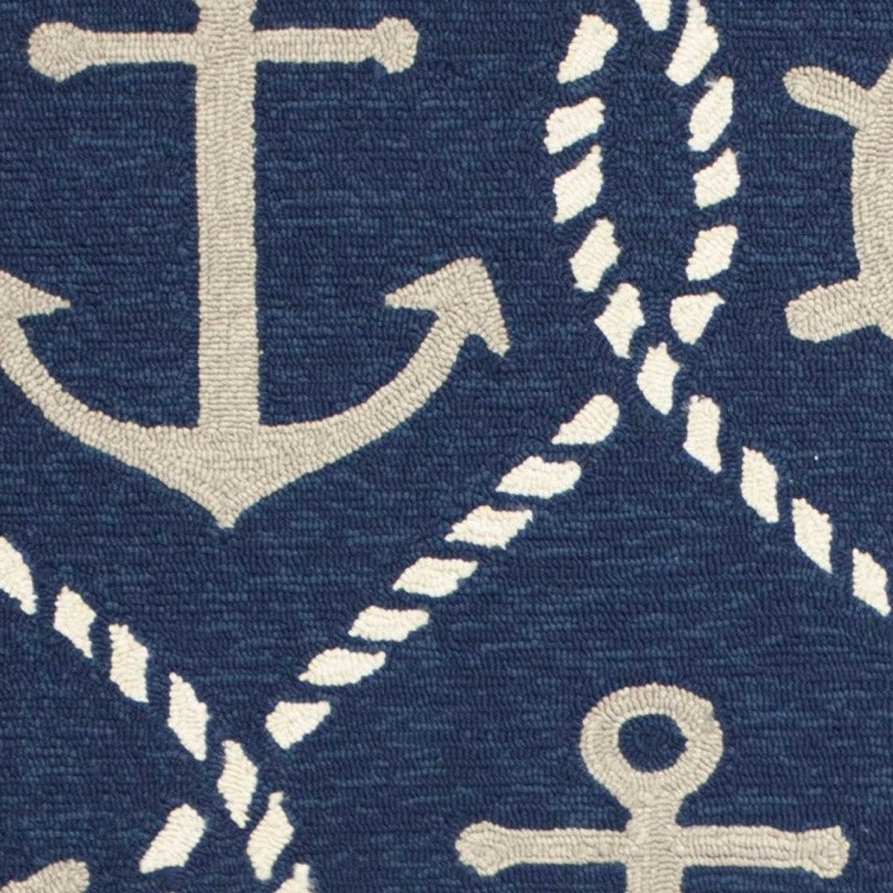 5'X8' Navy Blue Hand Hooked Uv Treated Nautical Indoor Outdoor Area Rug