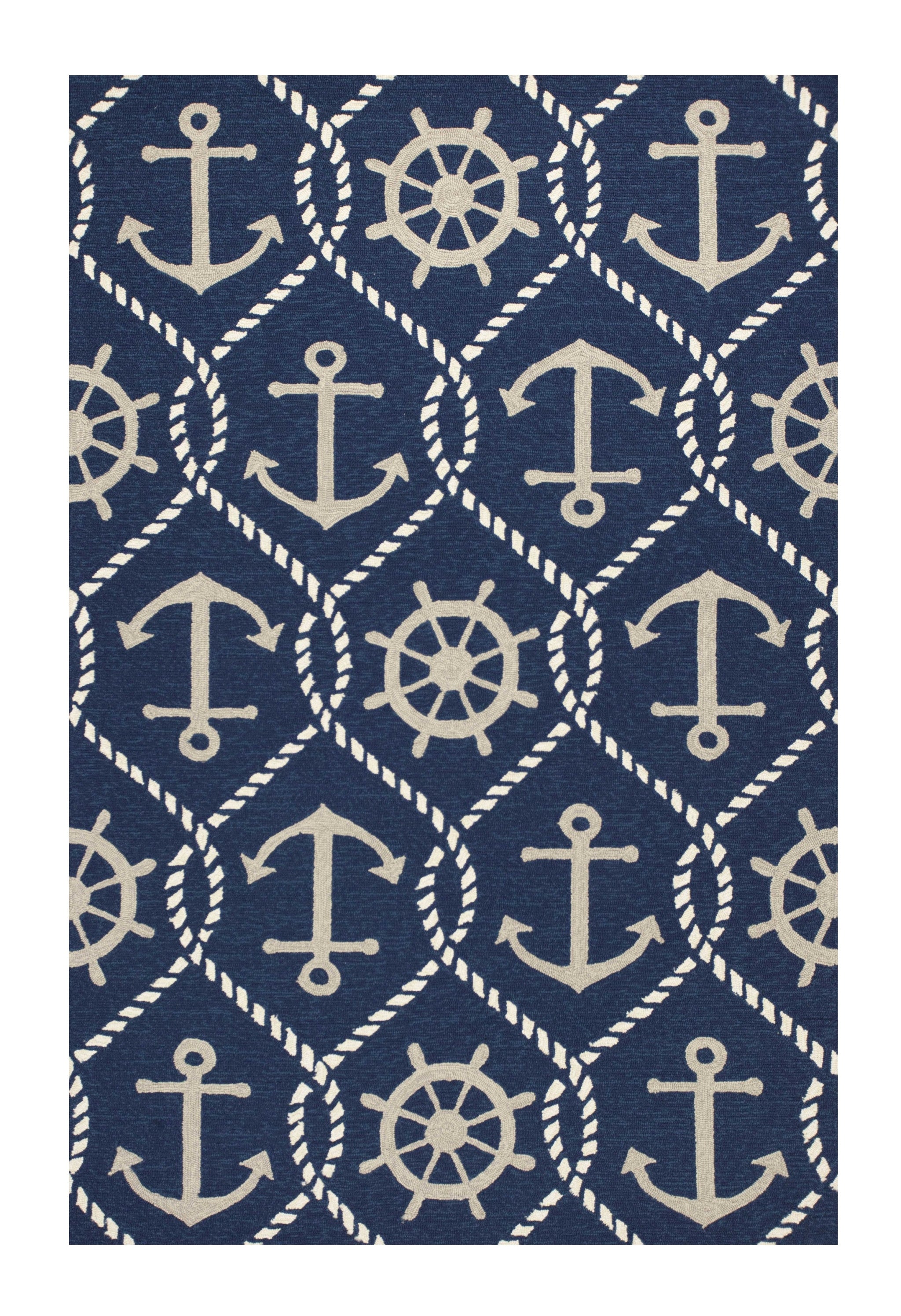 5'X8' Navy Blue Hand Hooked Uv Treated Nautical Indoor Outdoor Area Rug