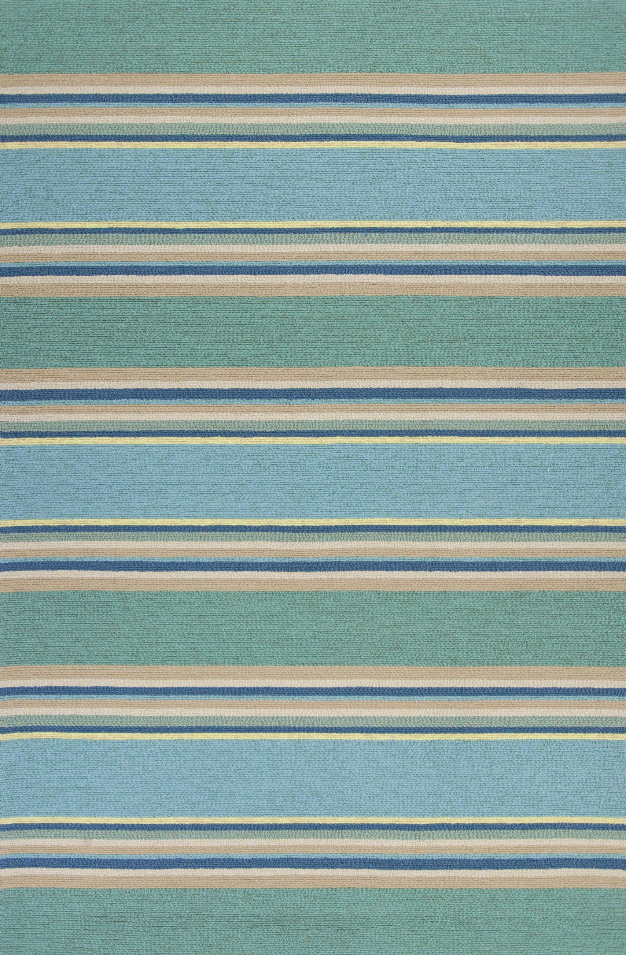 2'X3' Ocean Blue Hand Hooked Uv Treated Awning Stripes Indoor Outdoor Accent Rug