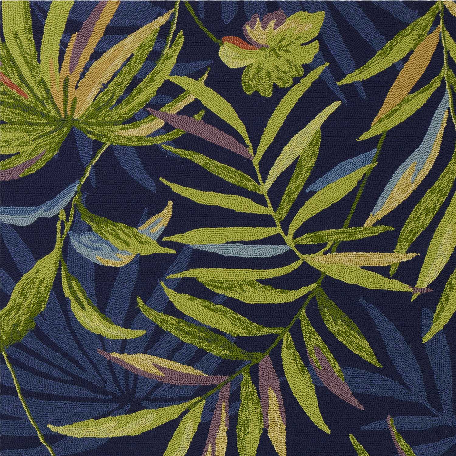 2'X3' Ink Blue Hand Hooked Uv Treated Oversized Tropical Leaves Indoor Outdoor Accent Rug