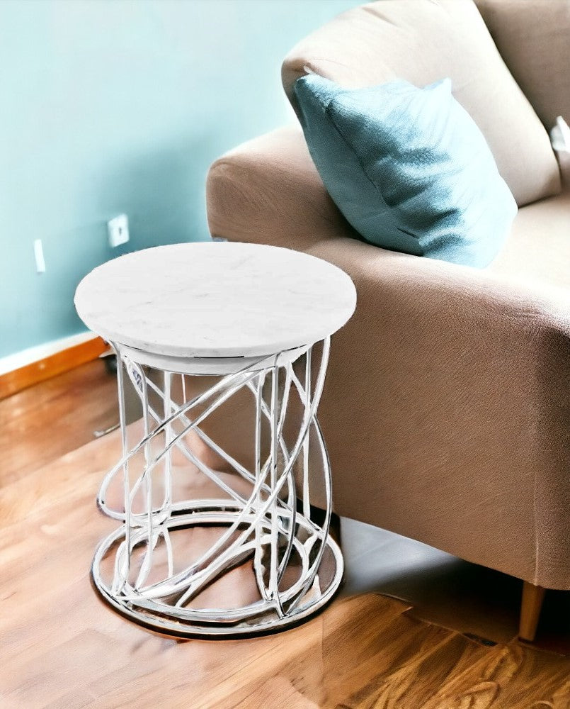 21" White Faux Marble Round End Tables