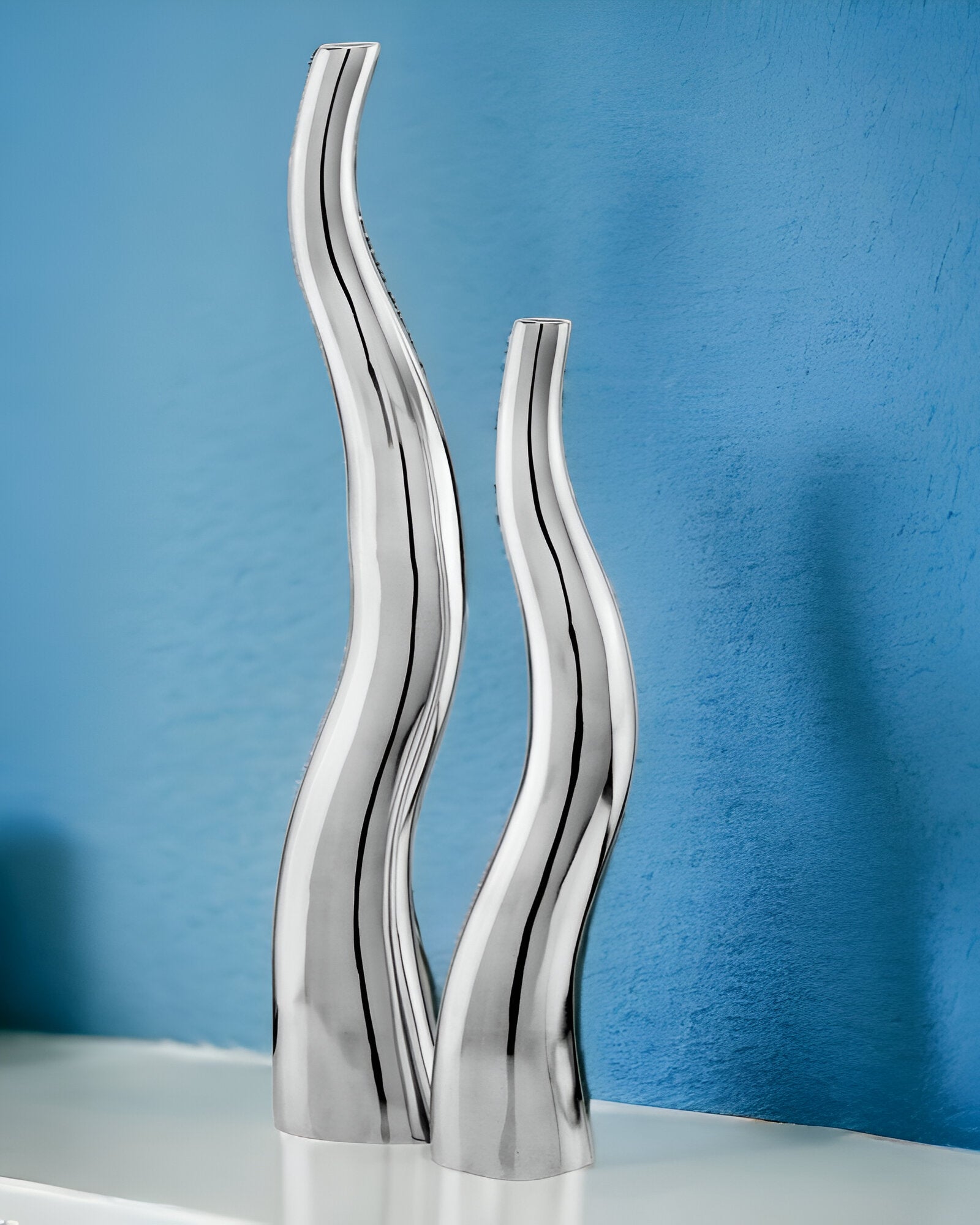 Set of Two Silver Aluminum Squiggly Table Vases