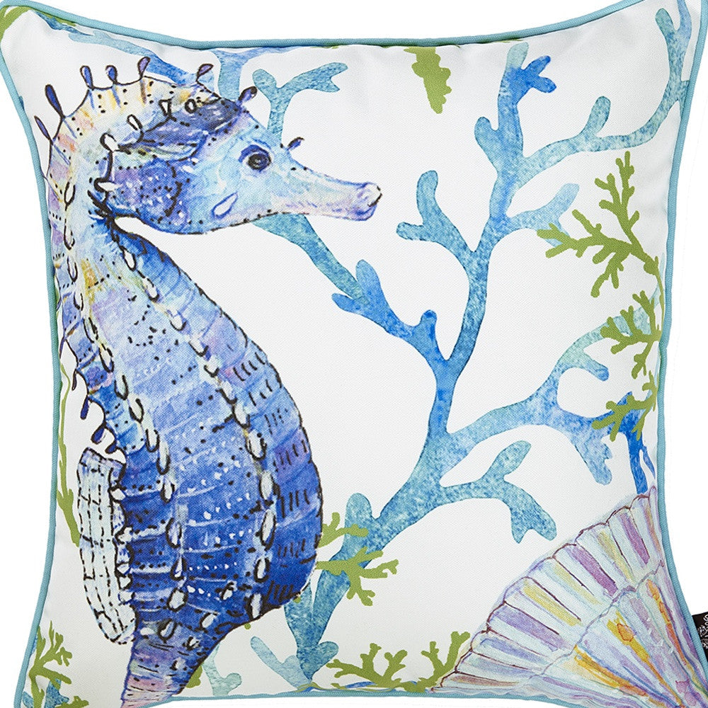 18" White Blue And Green Seahorse Decorative Throw Pillow Cover