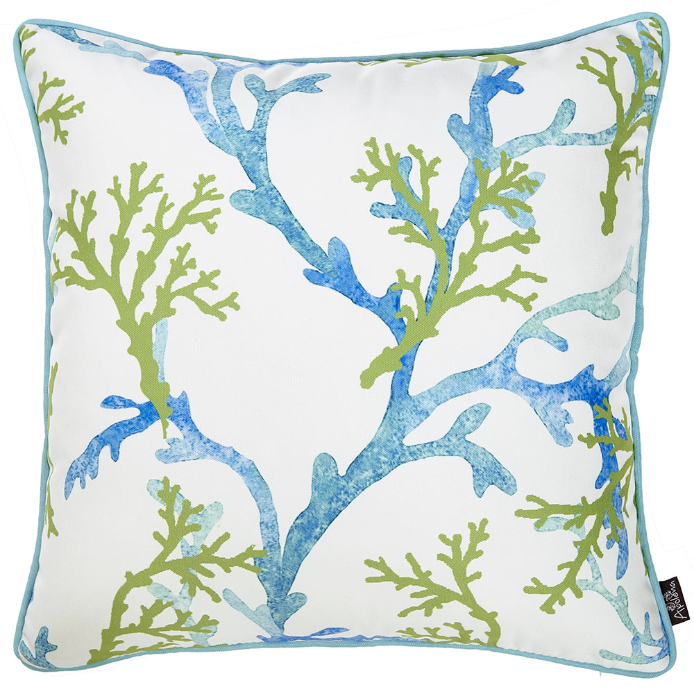 18" White Blue And Green Coral Decorative Throw Pillow Cover