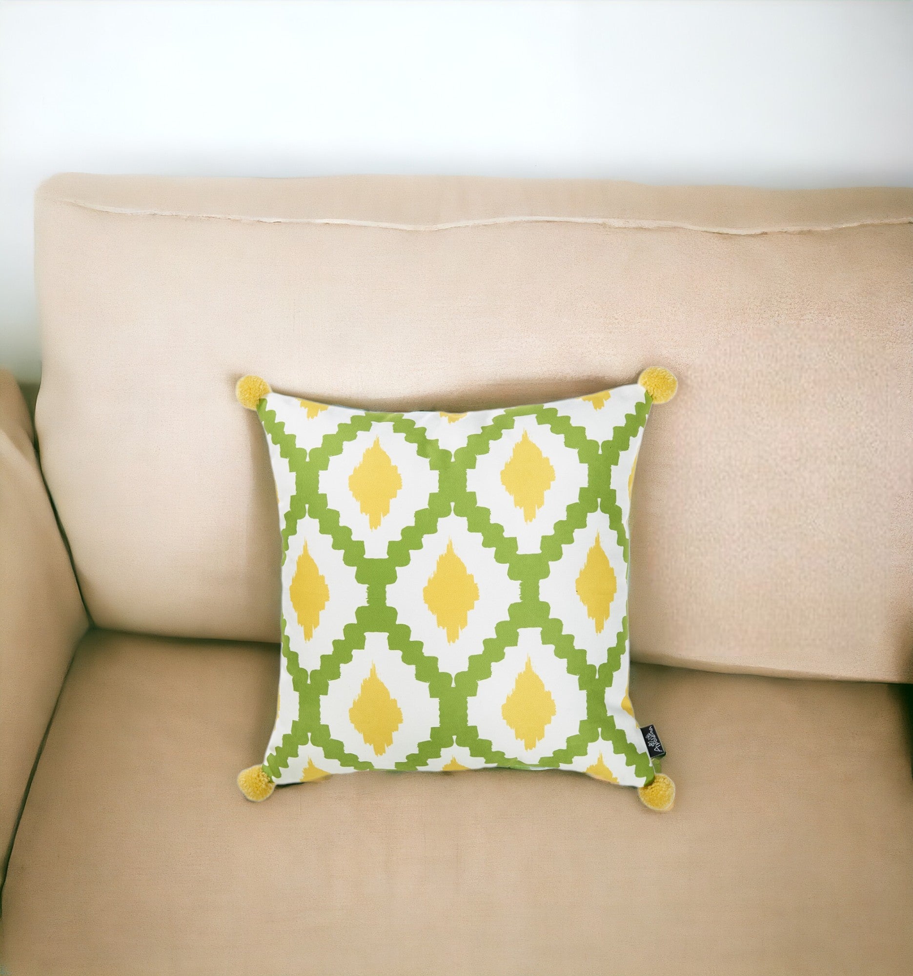 18" Yellow and Green Geometric Throw Pillow Cover With Pompoms