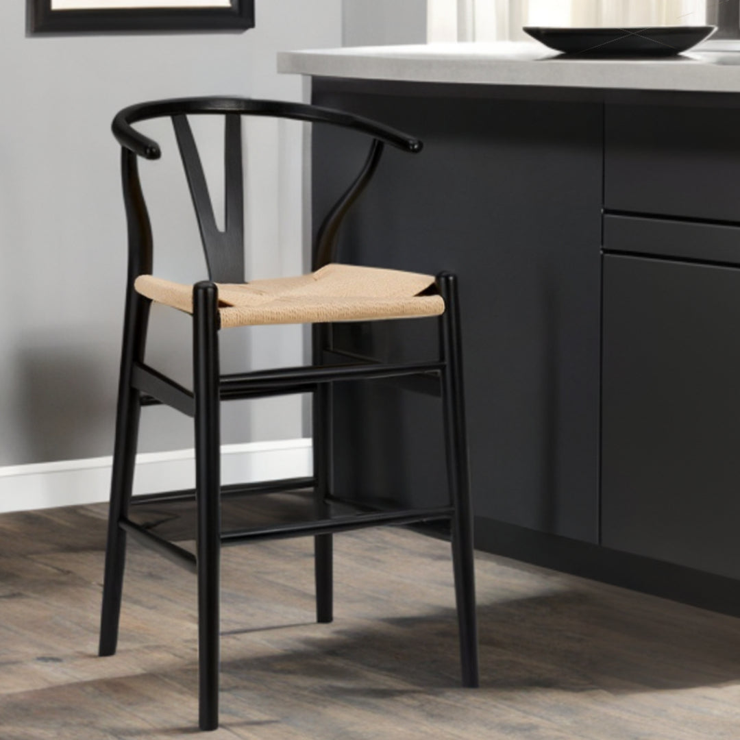 38" Black Solid Wood Counter Stool With Natural Seat