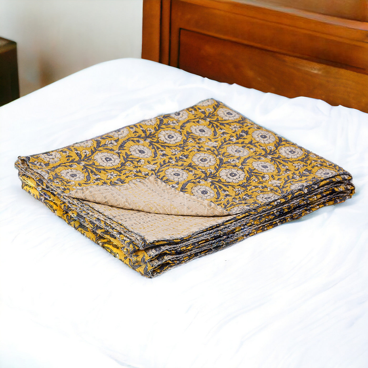 50" X 70" Yellow and Gray Kantha Cotton Floral Throw Blanket