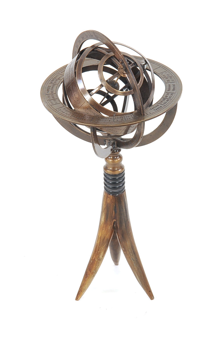 5.5" X 5.5" X 12" Brass Armillary On Horn Stand