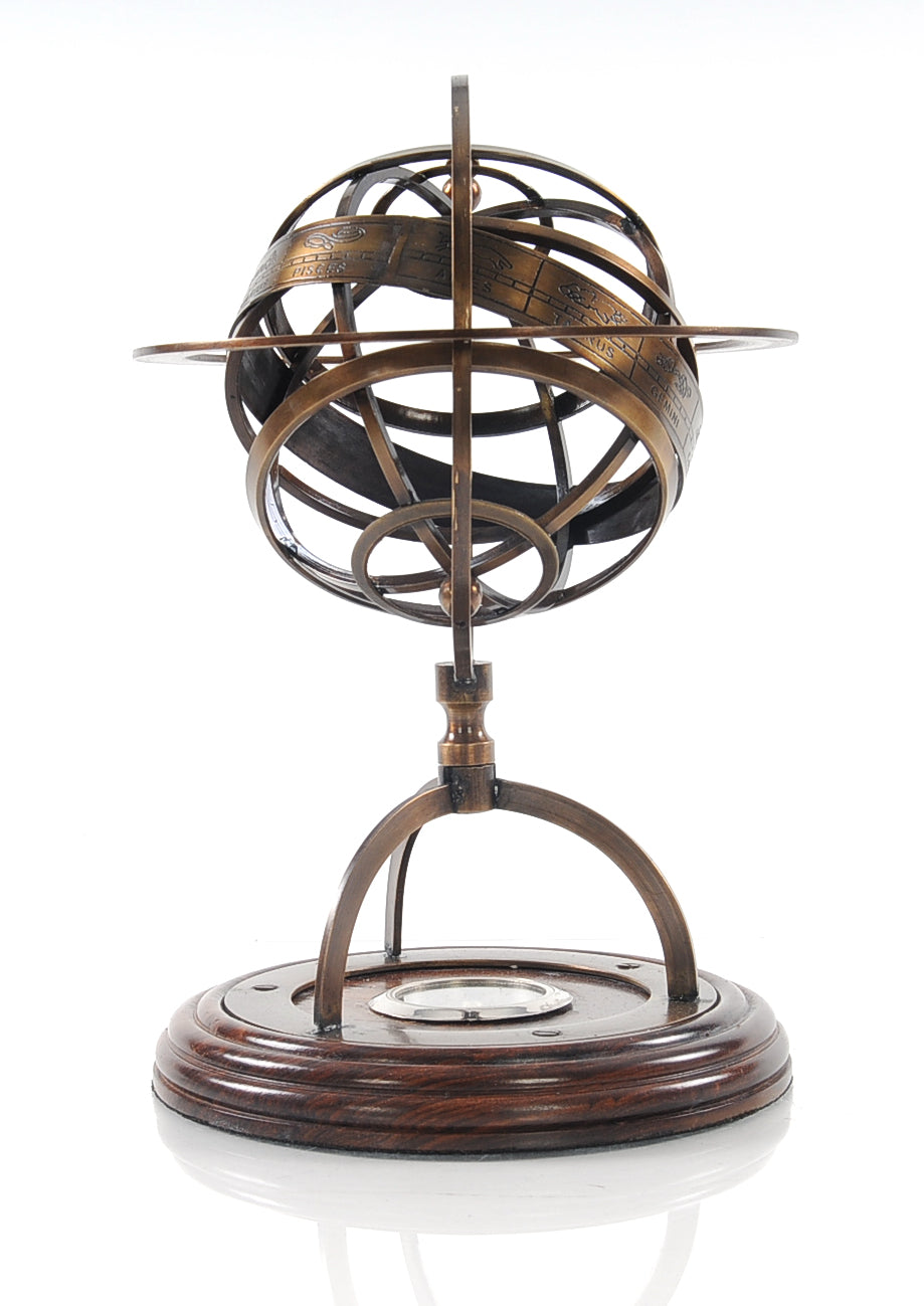 7" X 7" X 11" Brass Armillary With Compass On Wood Base