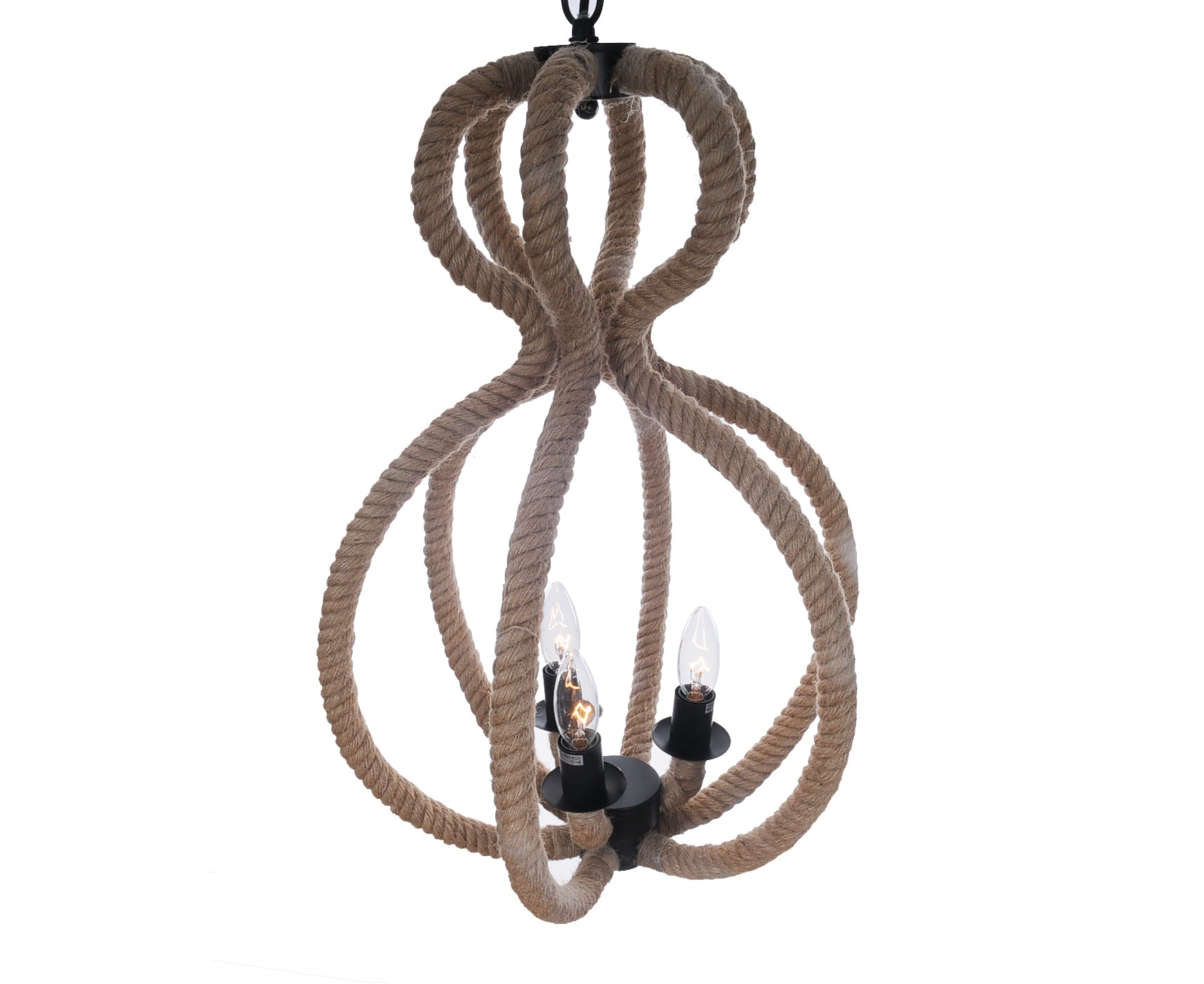 Natural and Black Iron and Rope Three Light Ceiling Light