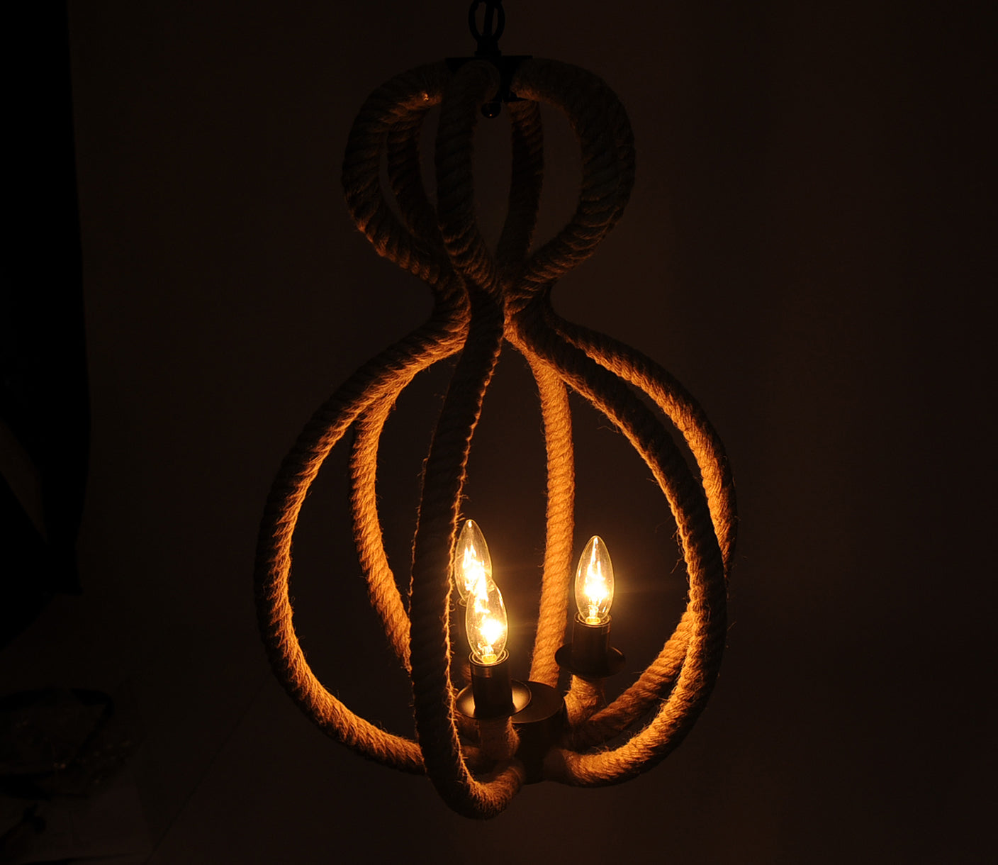 Natural and Black Iron and Rope Three Light Ceiling Light