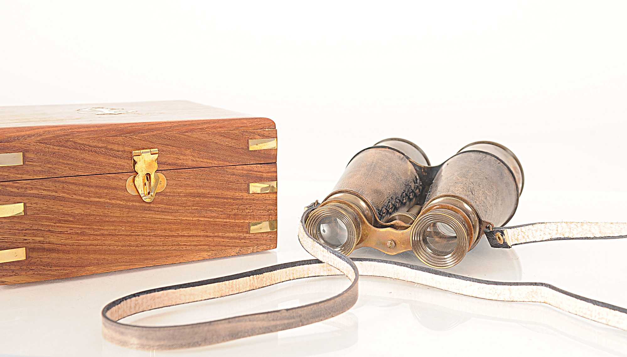 Rustic Brass And Leather Binoculars In Wood Storage Box