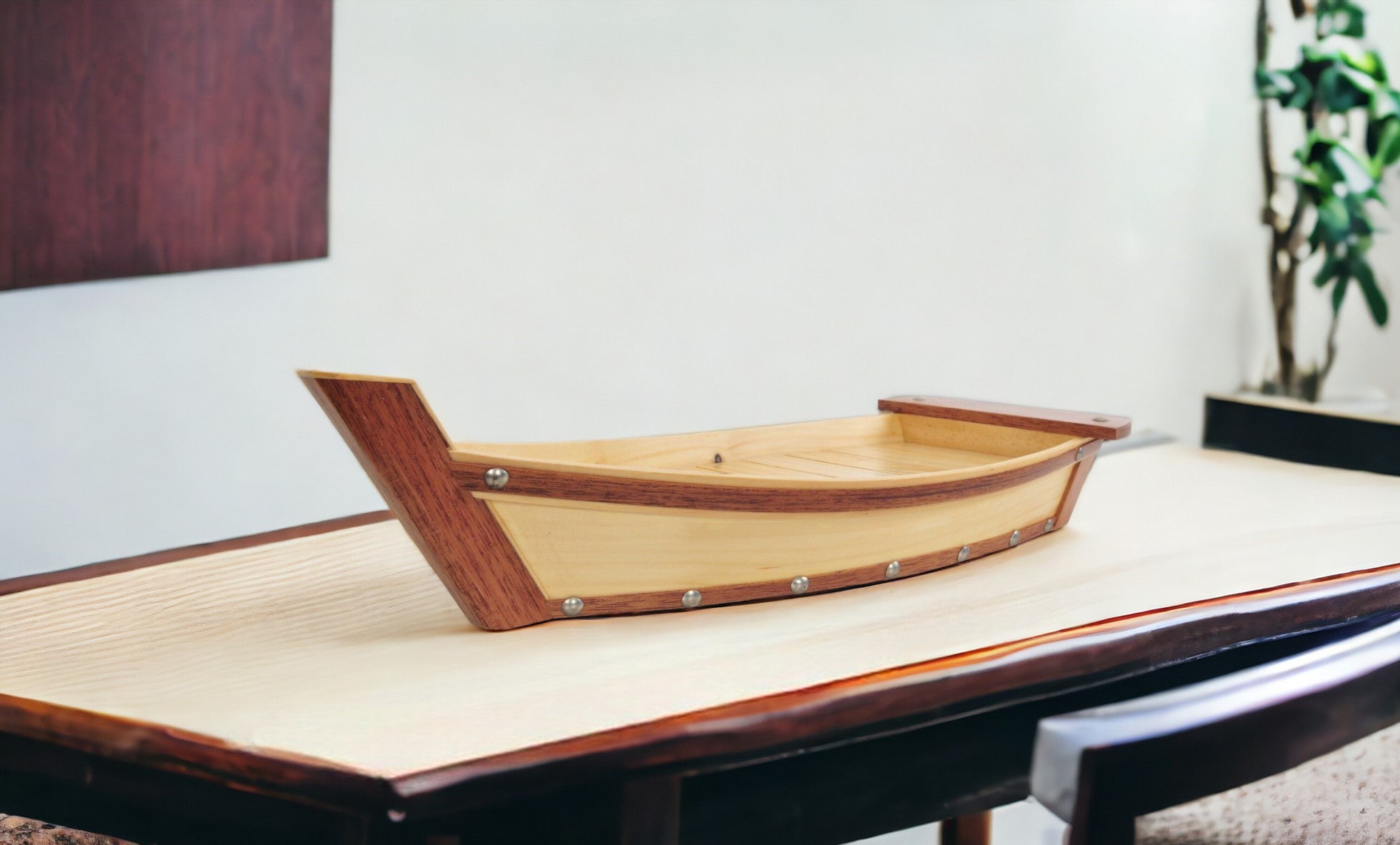 17" Natural and Brown Wood Sushi Boat Serving Tray