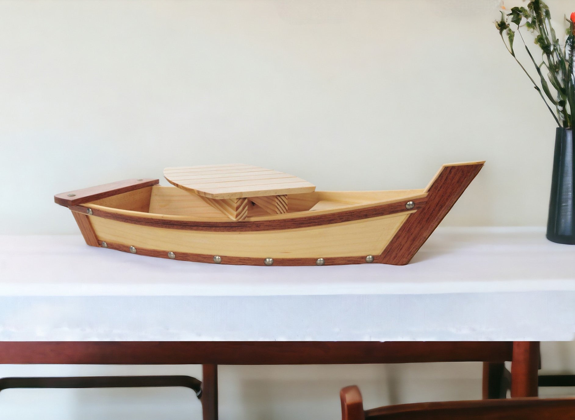 17" Natural and Brown Wood Sushi Boat Serving Tray