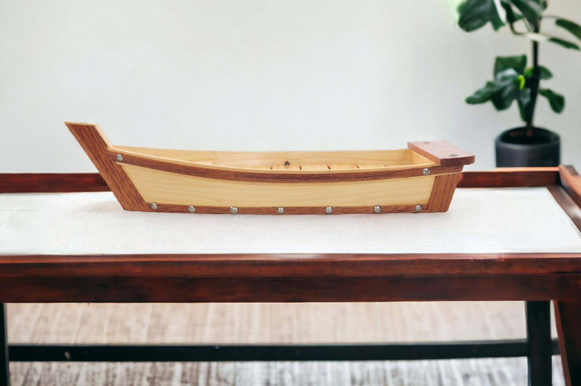 17" Natural and Brown Wood Sushi Boat Serving Tray