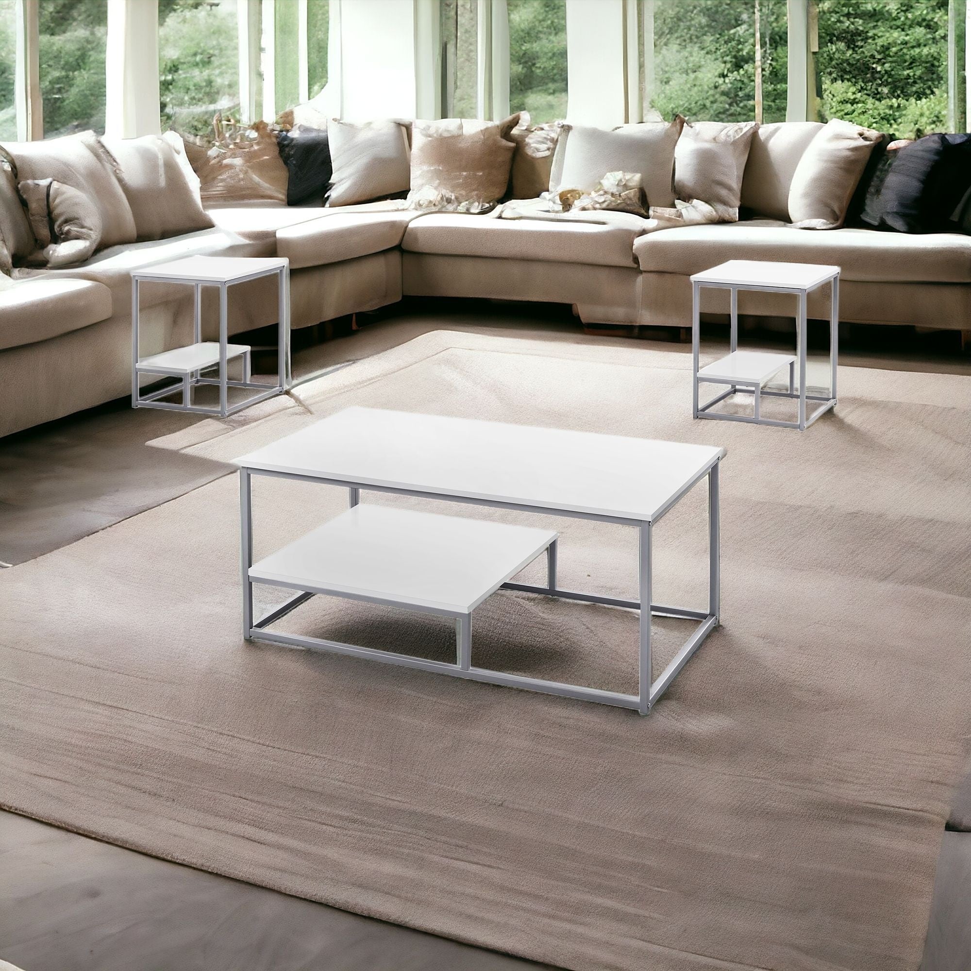 Set of Three 42" White And Silver Metal Coffee Table With Shelf