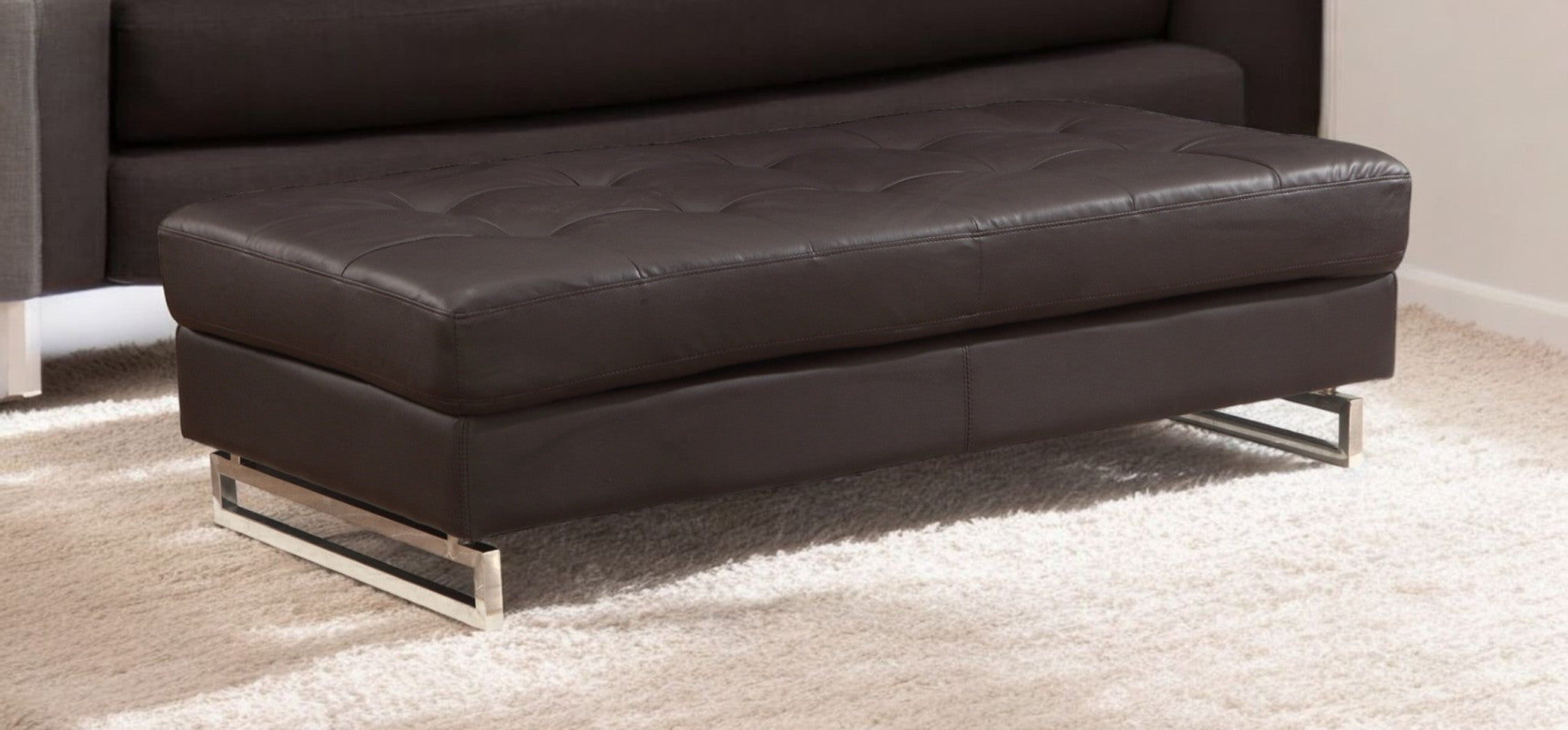 63" Black Faux Leather And Silver Ottoman