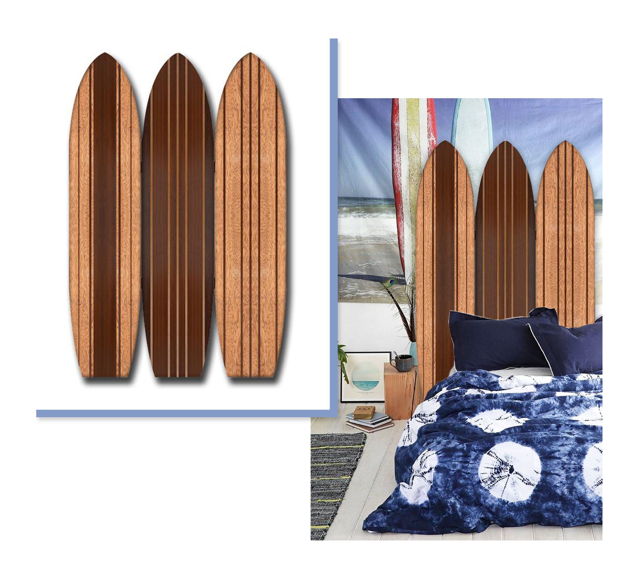 Warm Brown Long Board 3 Panel Room Divider Screen