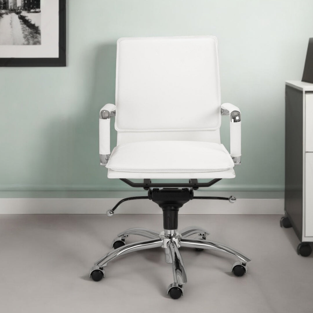 White and Silver Adjustable Swivel Faux Leather Rolling Conference Office Chair