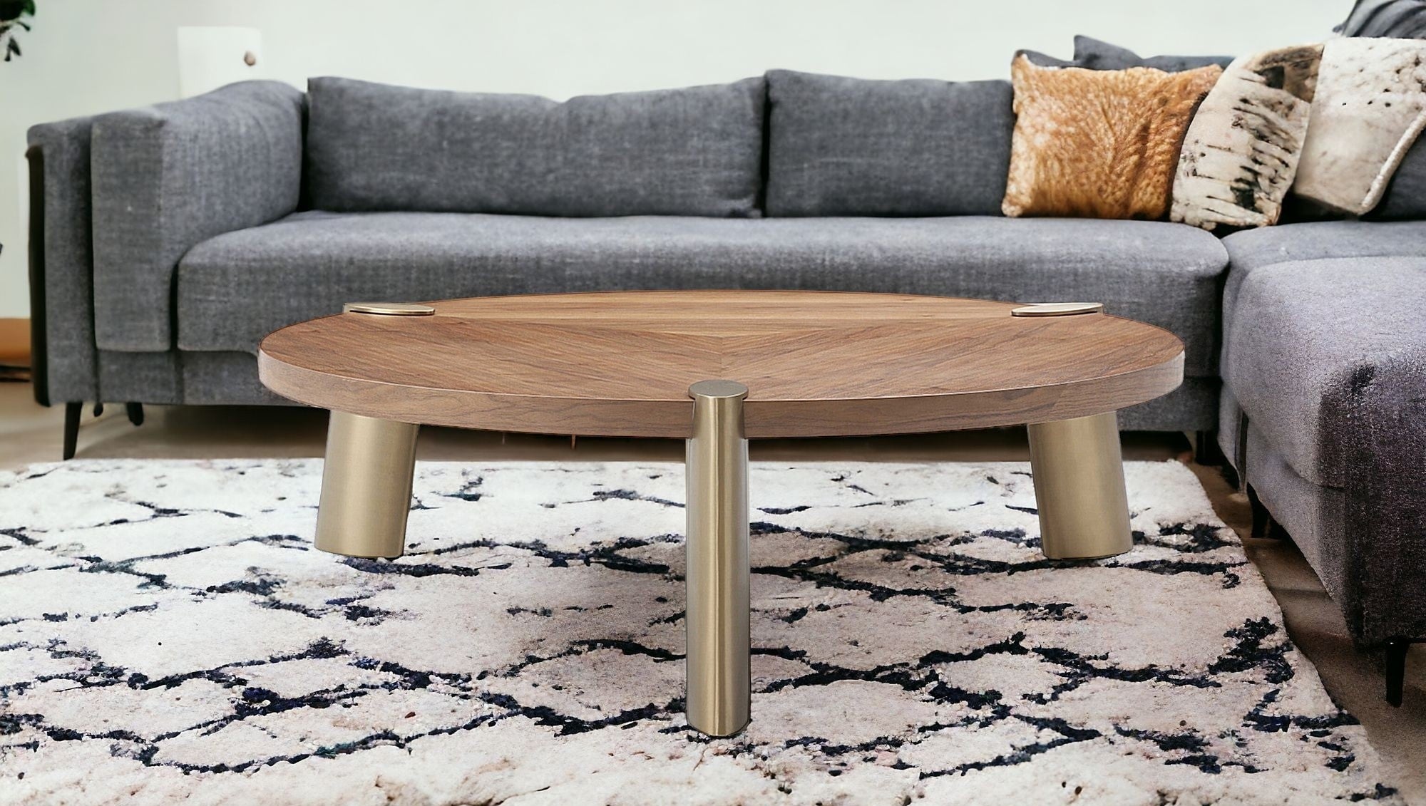 55" Natural And Gold Solid Wood Round Coffee Table
