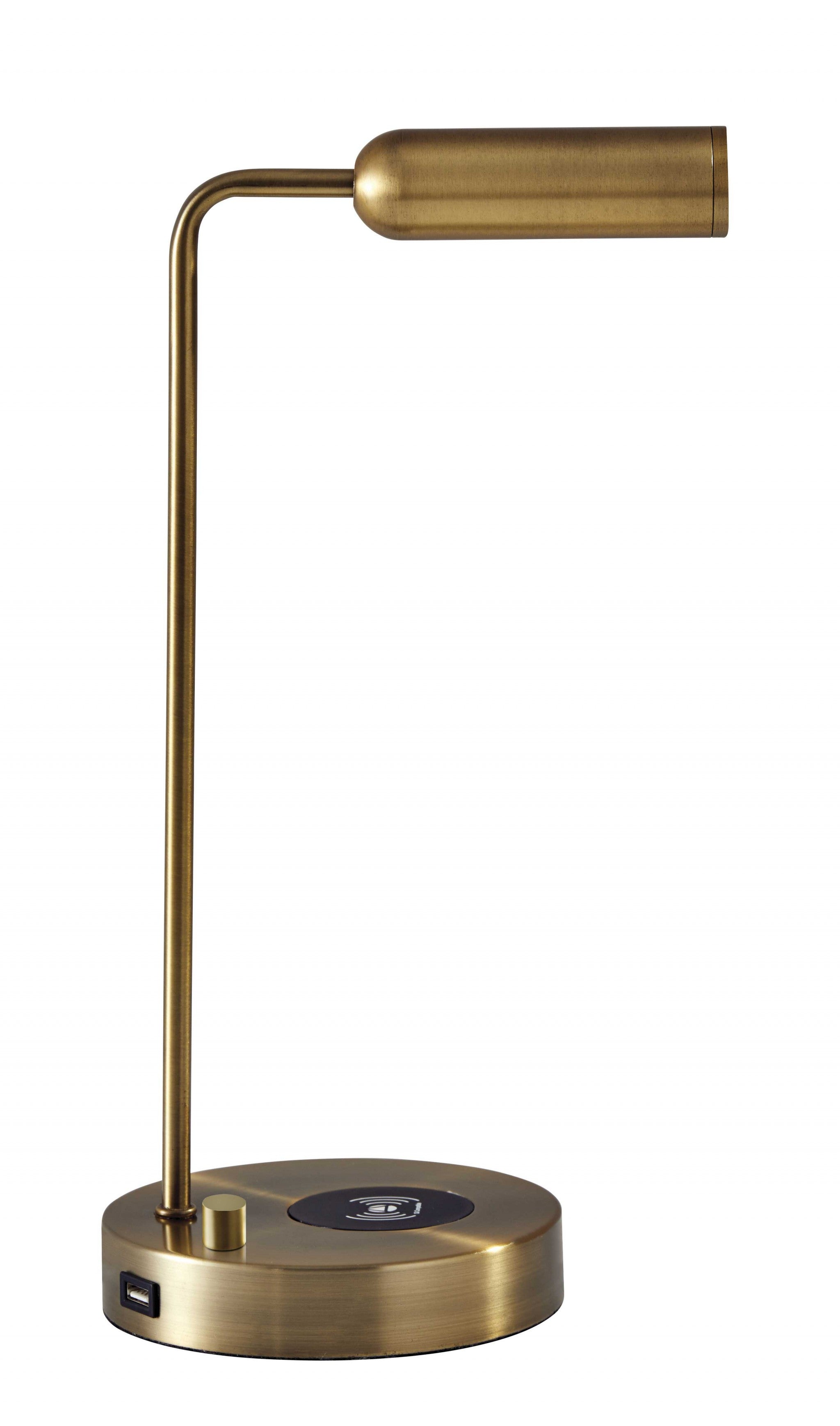 17" Brass Metal LED Desk Lamp With USB And Wireless Charging