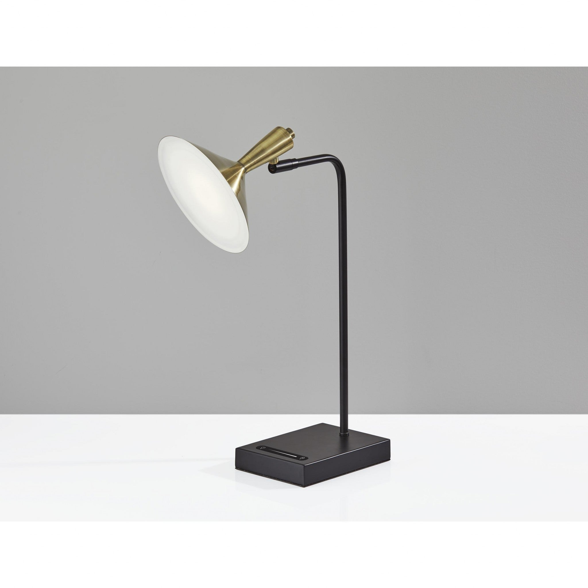 22" Black Metal LED Desk Table Lamp With USB And Antiqued Brass Cone Shade