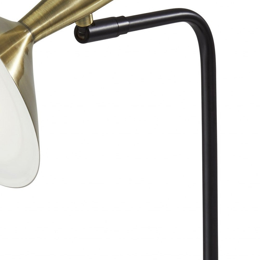 22" Black Metal LED Desk Table Lamp With USB And Antiqued Brass Cone Shade