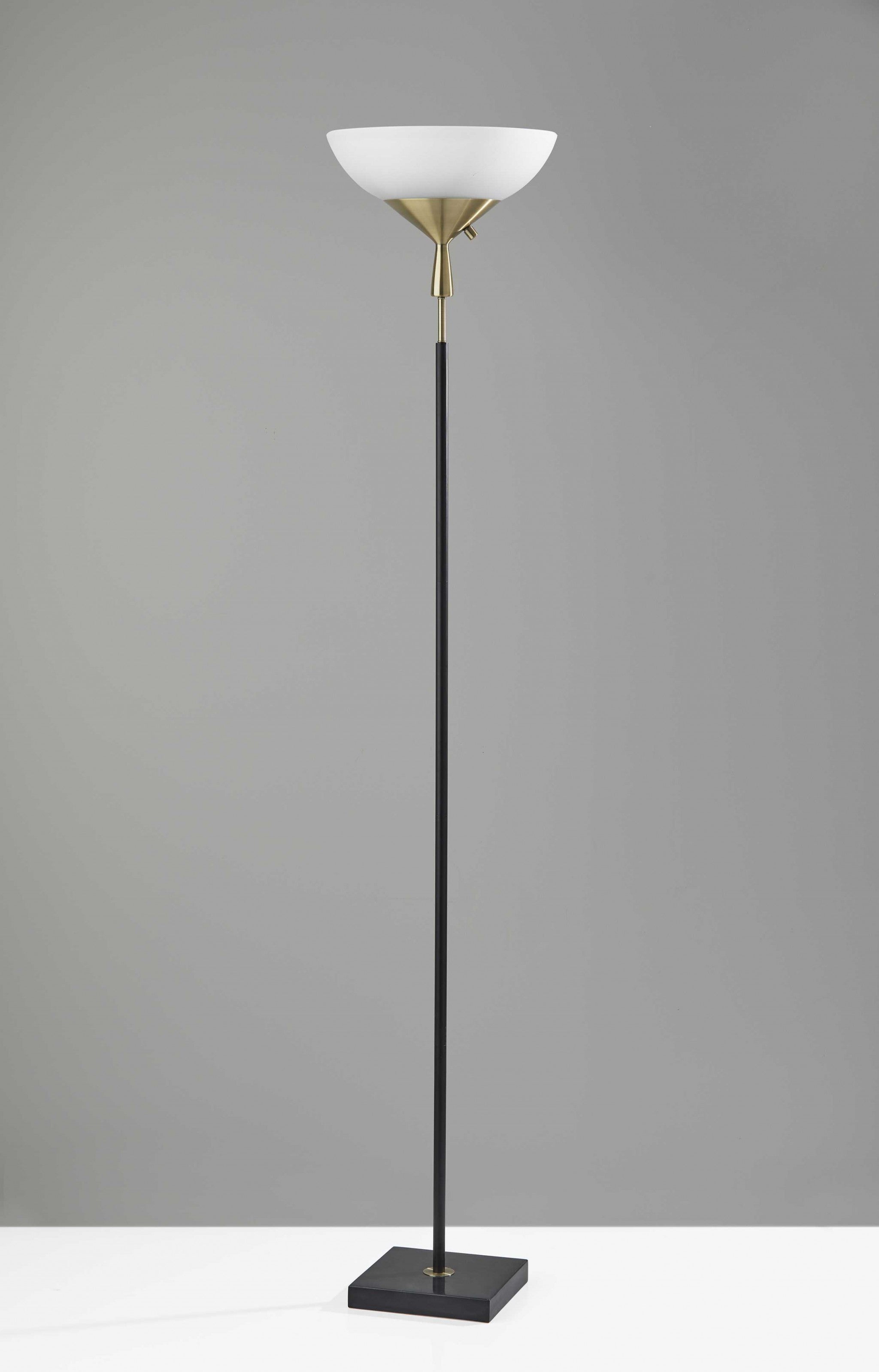 Sleek Torchiere Black Metal Frosted Alabaster Glass Shade