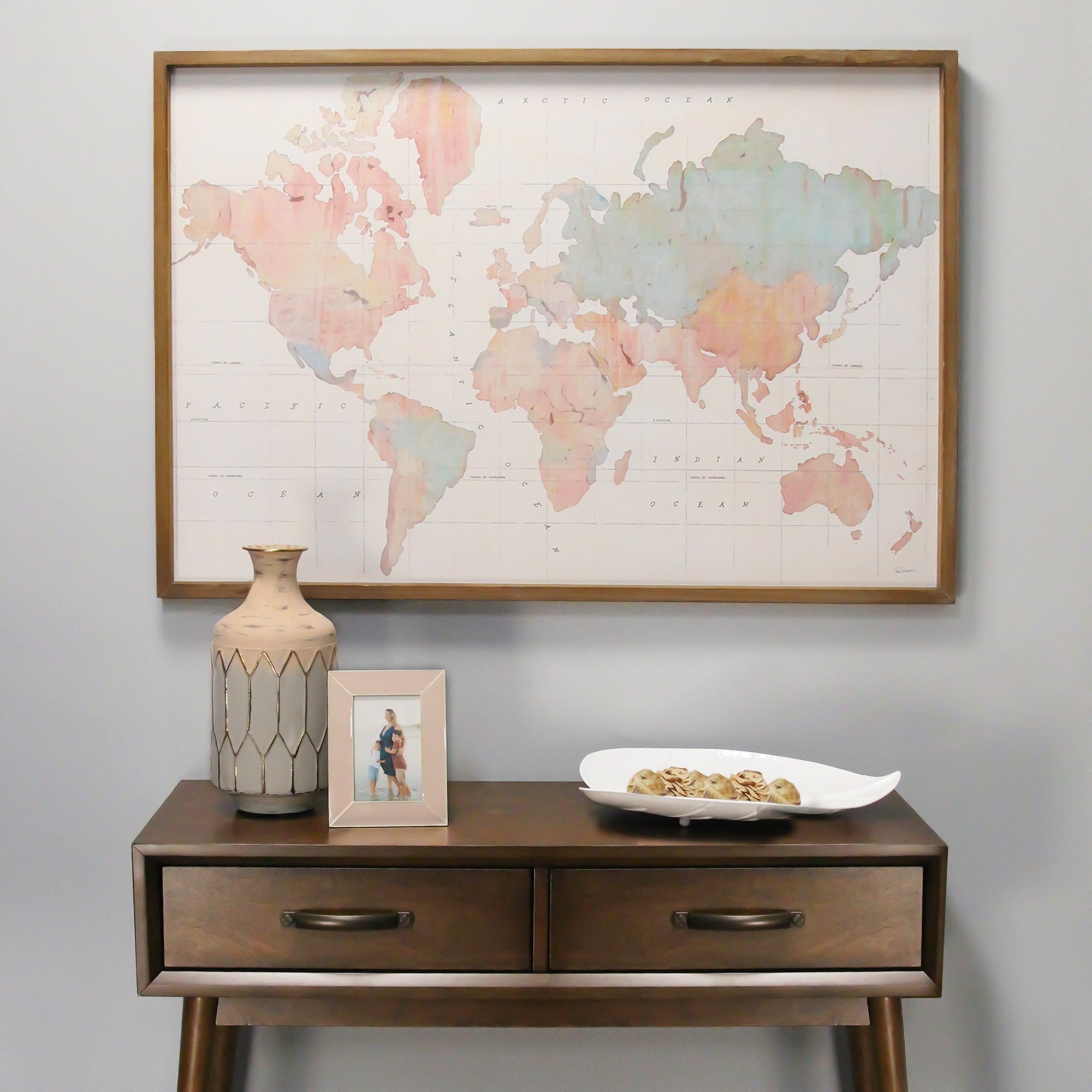 30" X 44" Watercolor World Map Wood Framed Wall Art